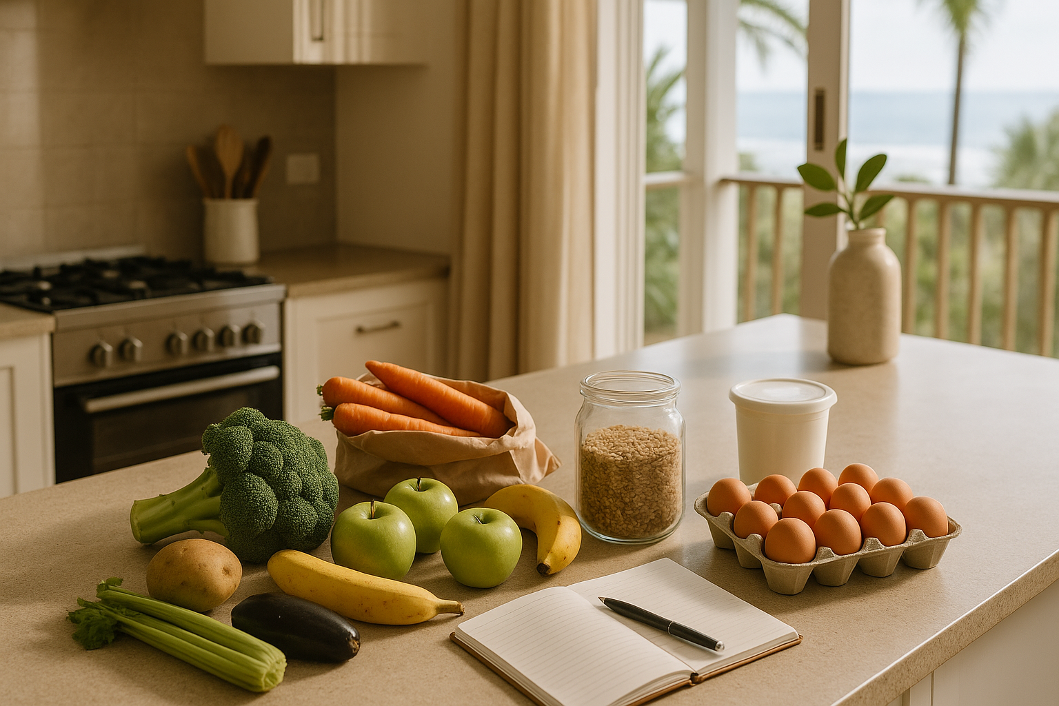 Healthy groceries and a notebook set up in a home kitchen for an in-home nutrition consultation