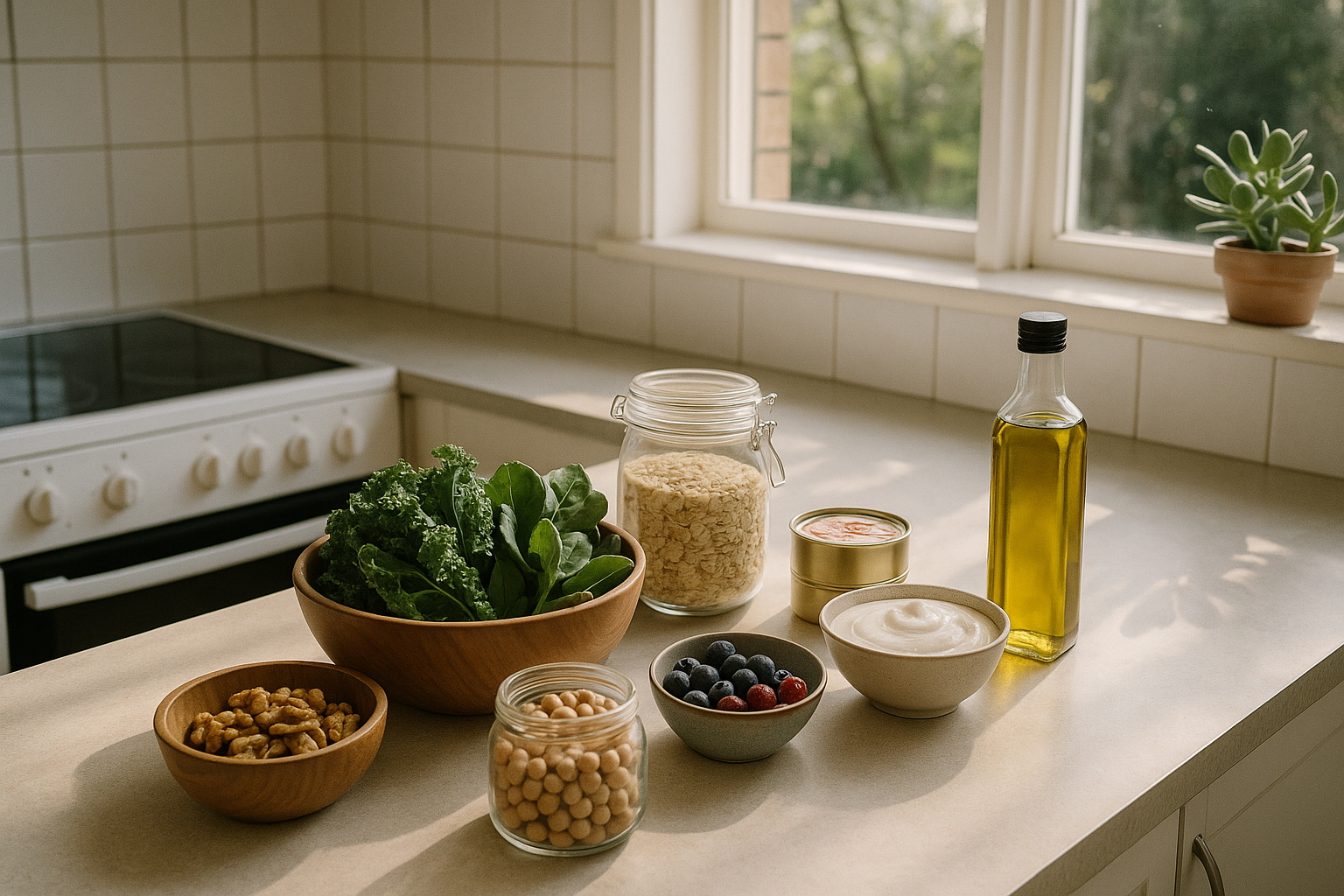 Healthy meal prep essentials set out on a kitchen bench for a weekly wellbeing routine