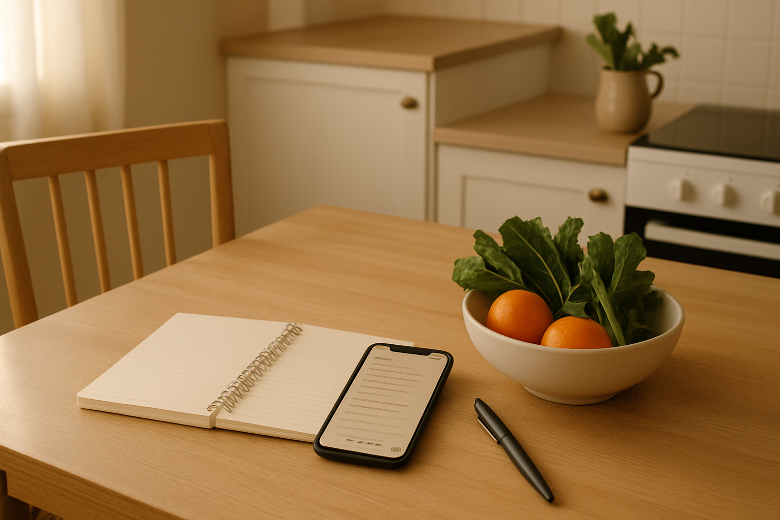 A simple My Health Hub setup with a notebook, phone notes and fresh produce on a kitchen table