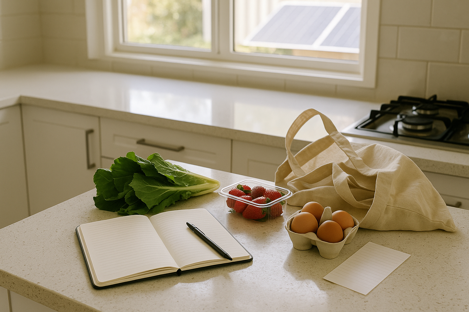 Home kitchen bench with a health planning checklist and fresh groceries