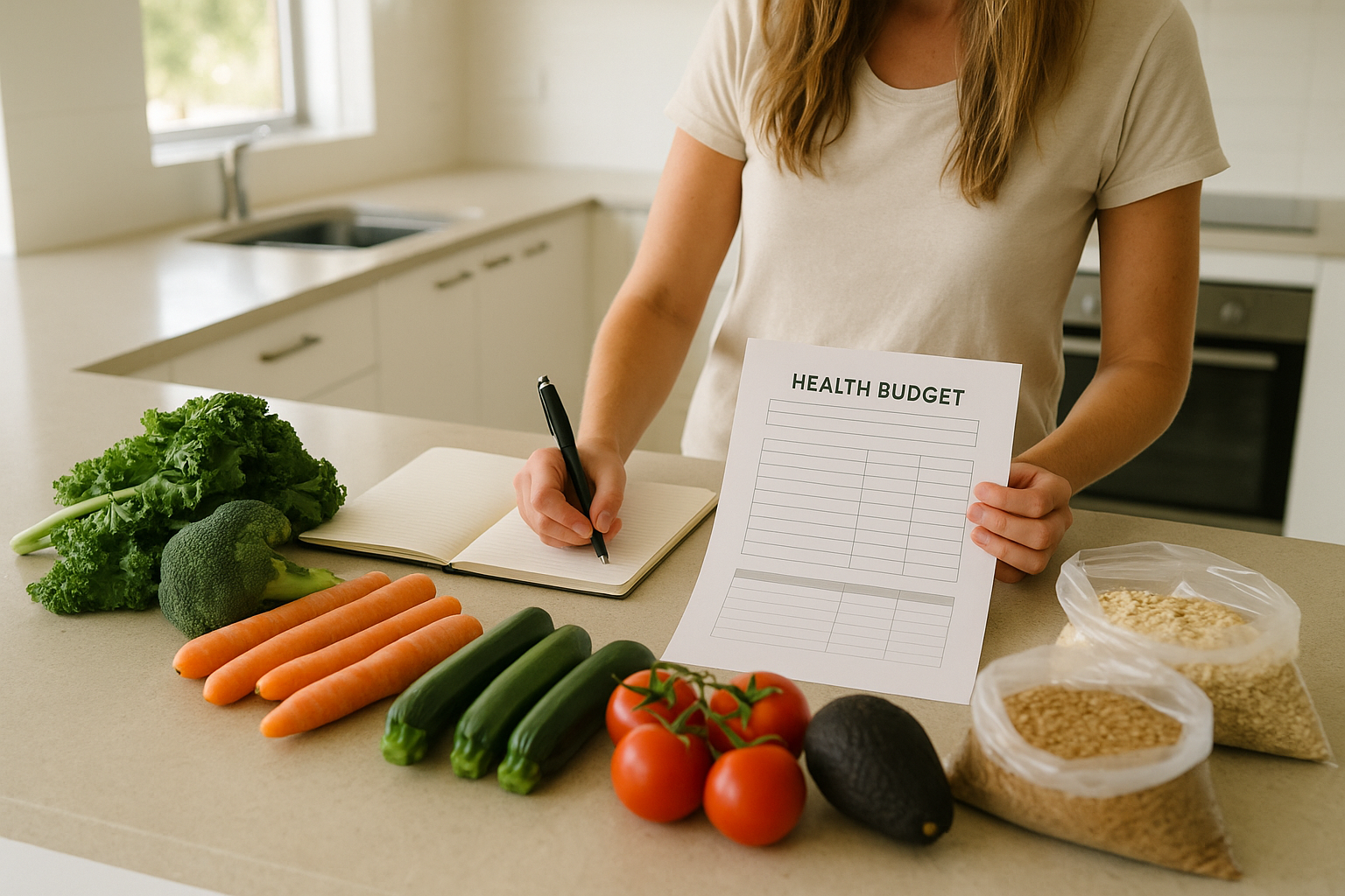 Homeowner budgeting for a naturopath nutritionist plan with groceries and notes