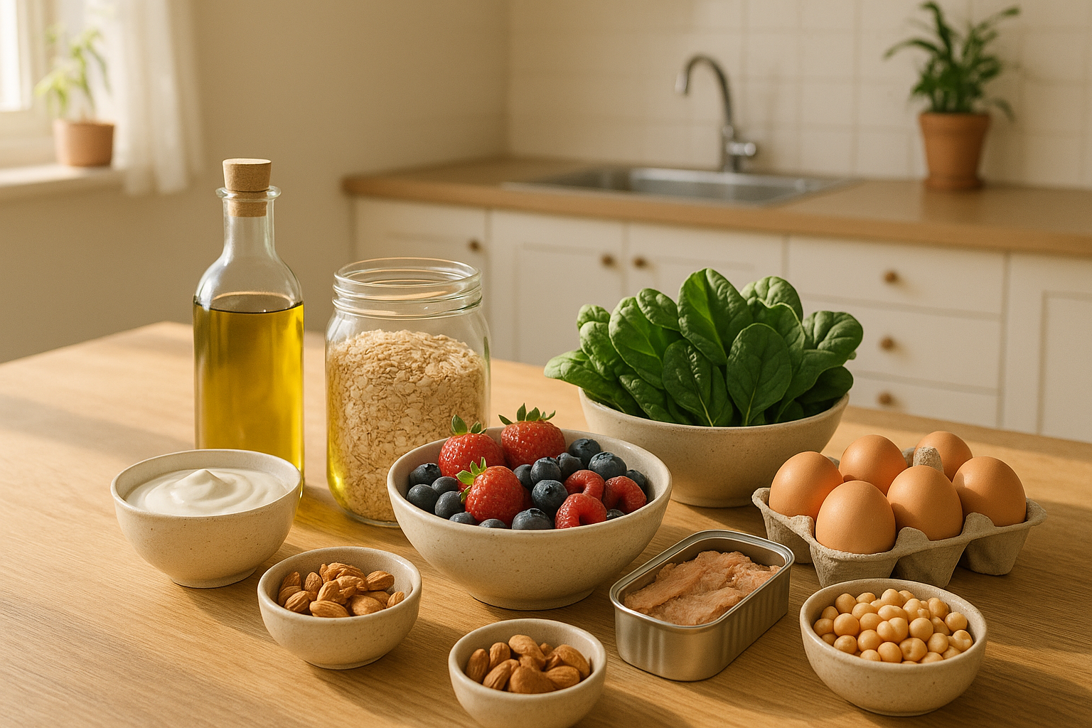 Whole foods on a kitchen bench for a simple weekly nutrition routine