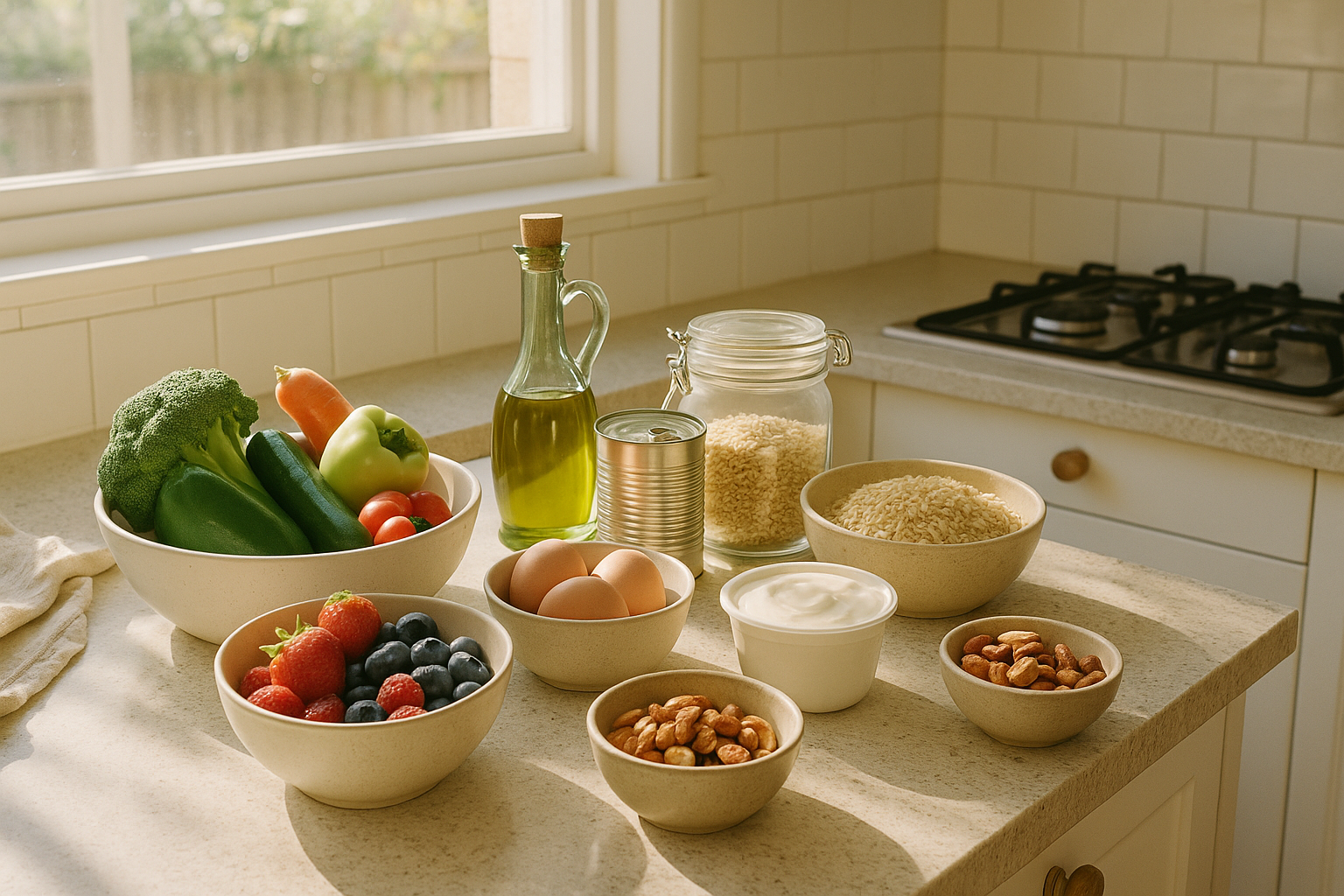 Whole foods on a kitchen bench for a weekly health maintenance routine