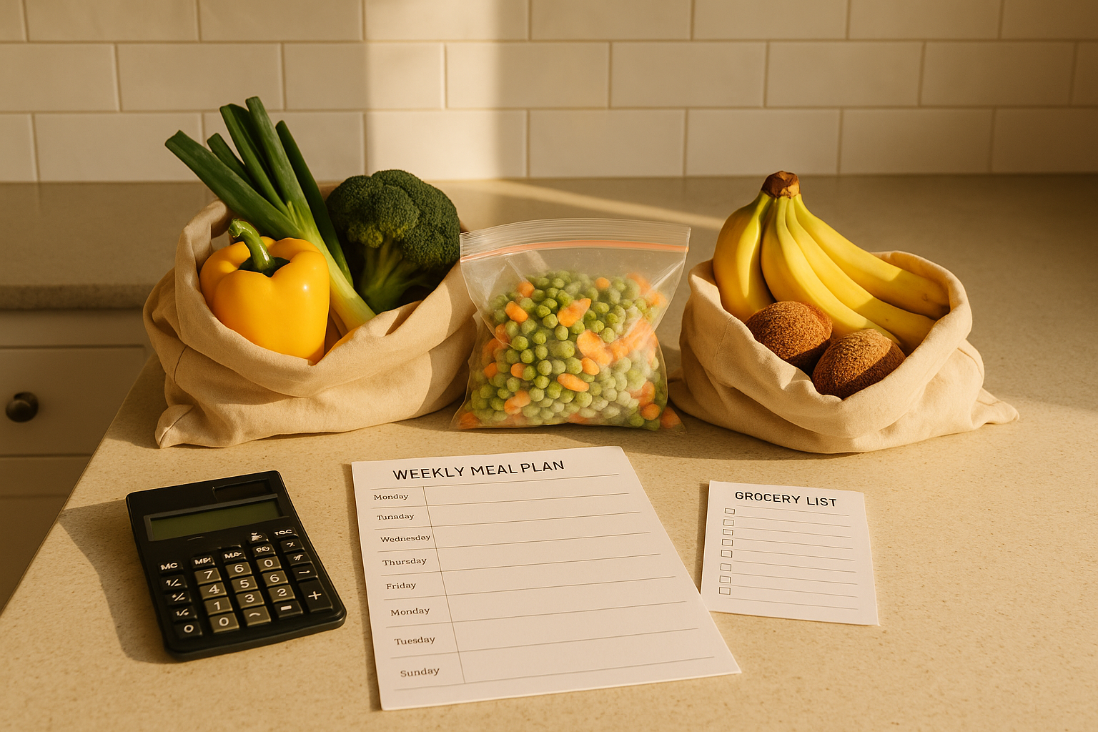 Meal plan and grocery list setup for supermarket budget planning in an Australian kitchen