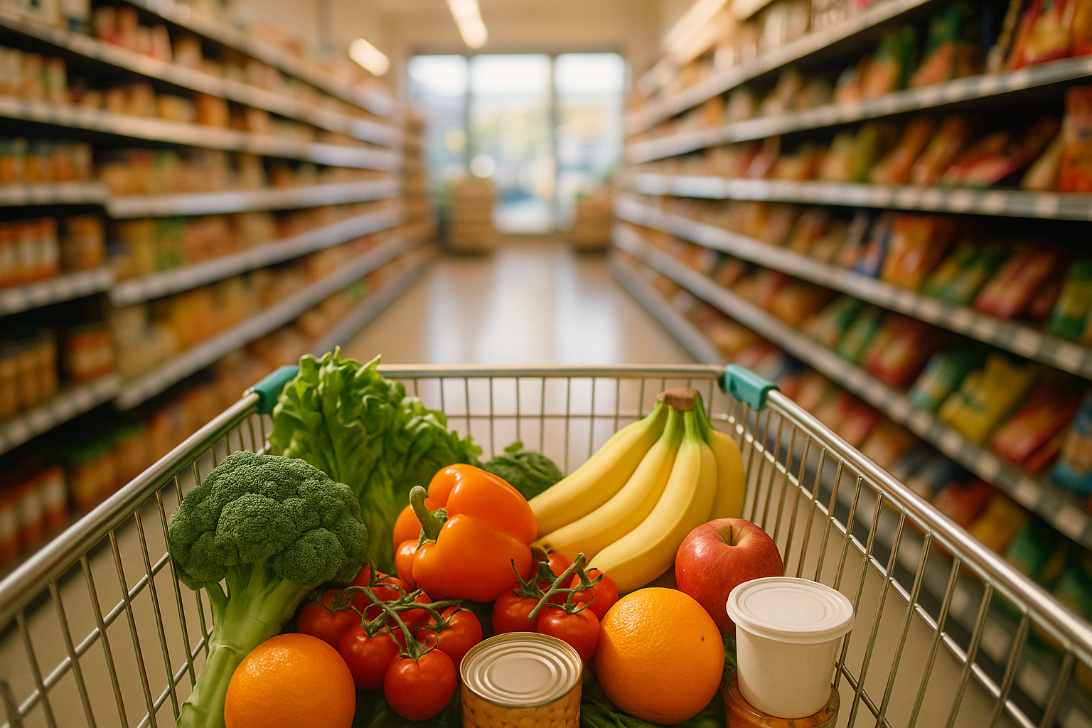 A trolley with fresh produce and healthy staples in an Australian supermarket