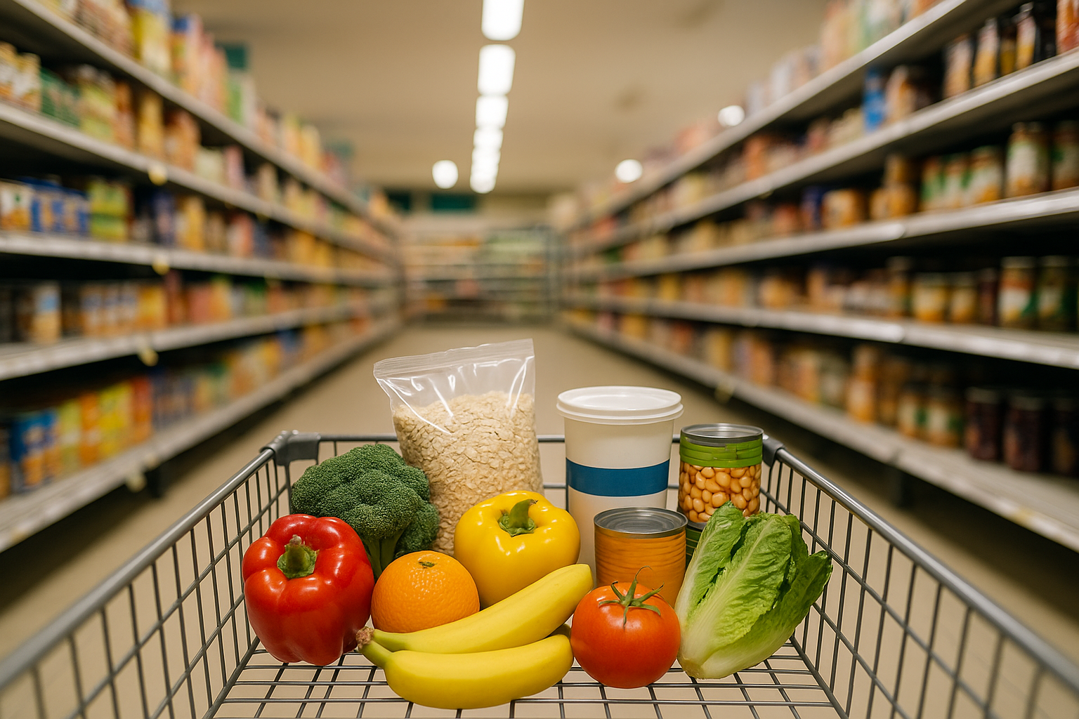 A supermarket trolley with whole foods for a healthy weekly shop on the Gold Coast