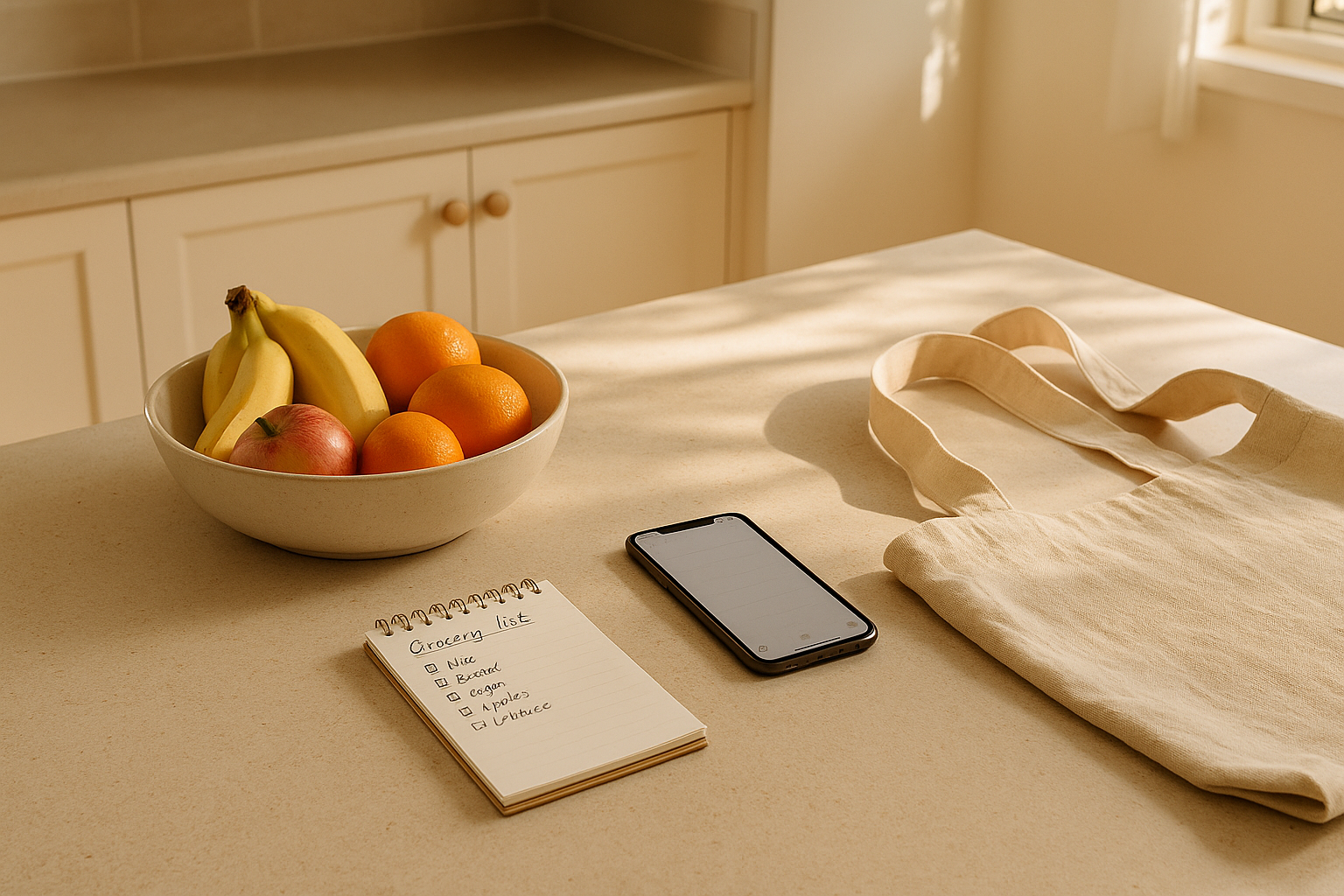 A bowl of fruit, a grocery list, a smartphone, and a tote bag on a kitchen counter.