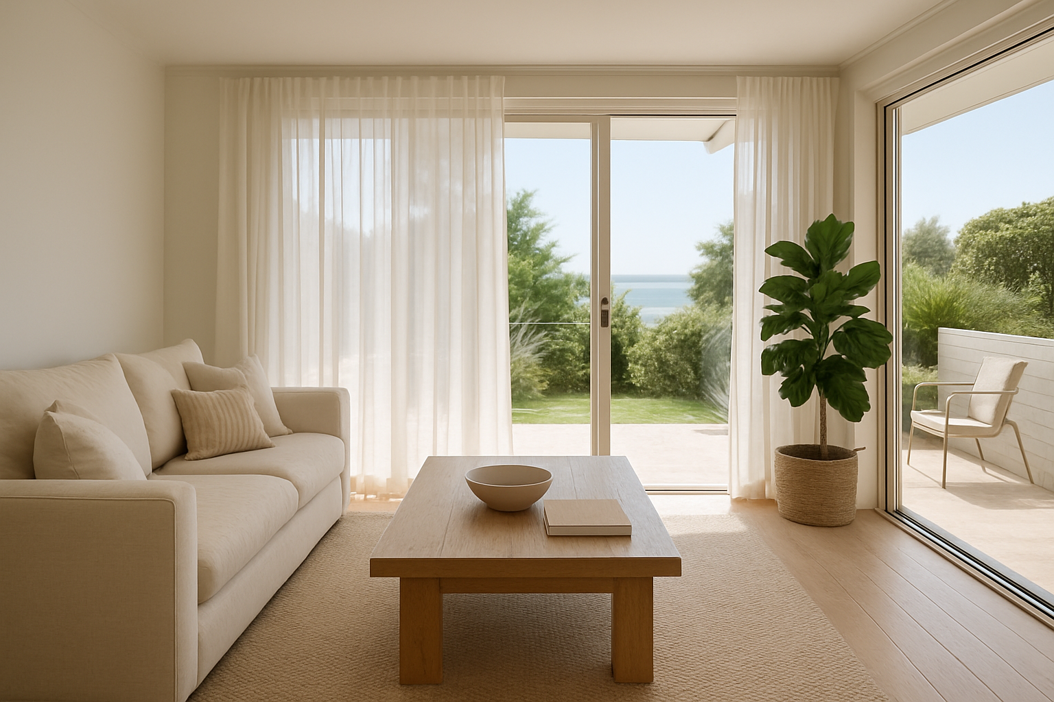 Calm coastal living room with natural light, airflow and low-tox materials
