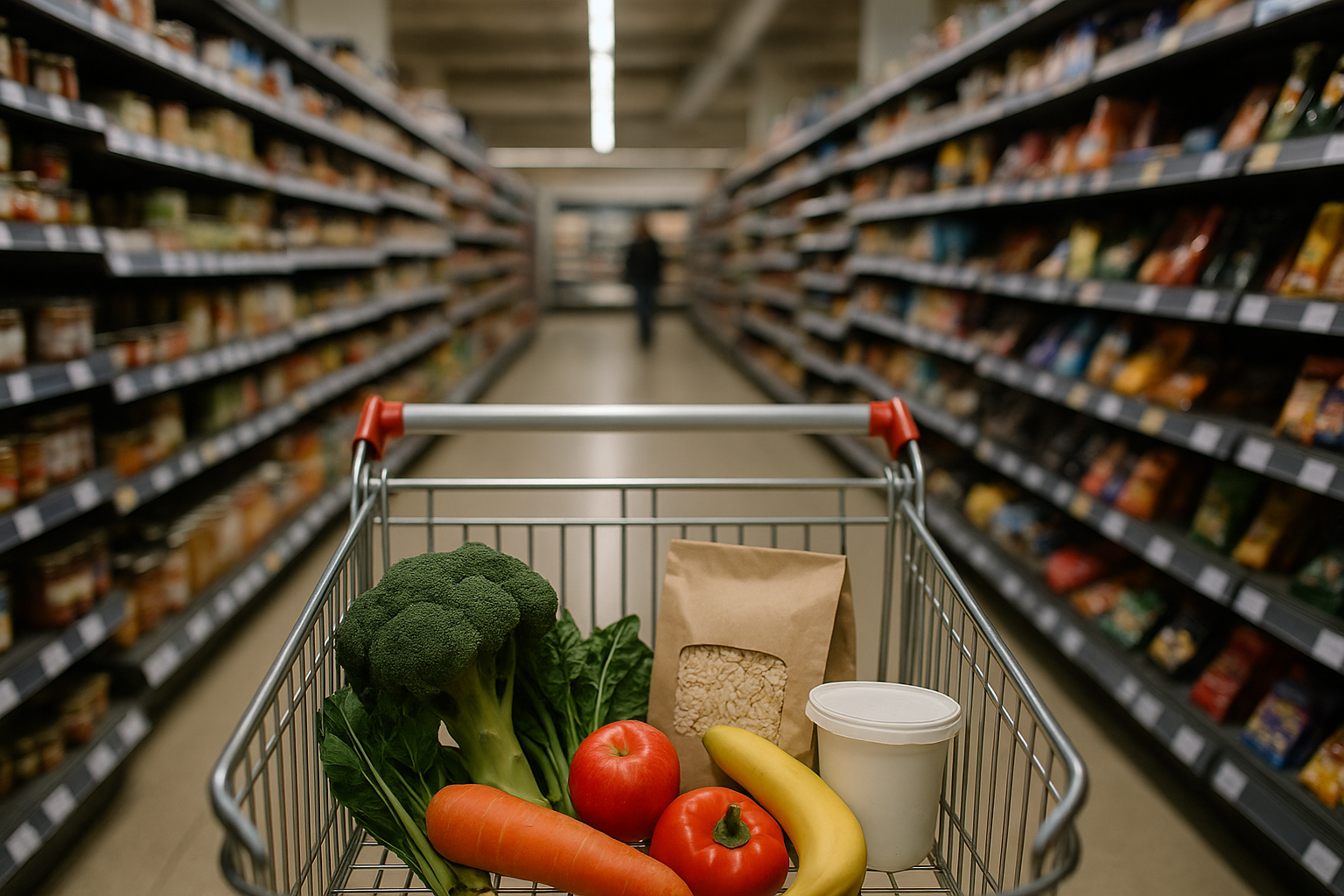 Healthy grocery trolley in an Australian supermarket aisle