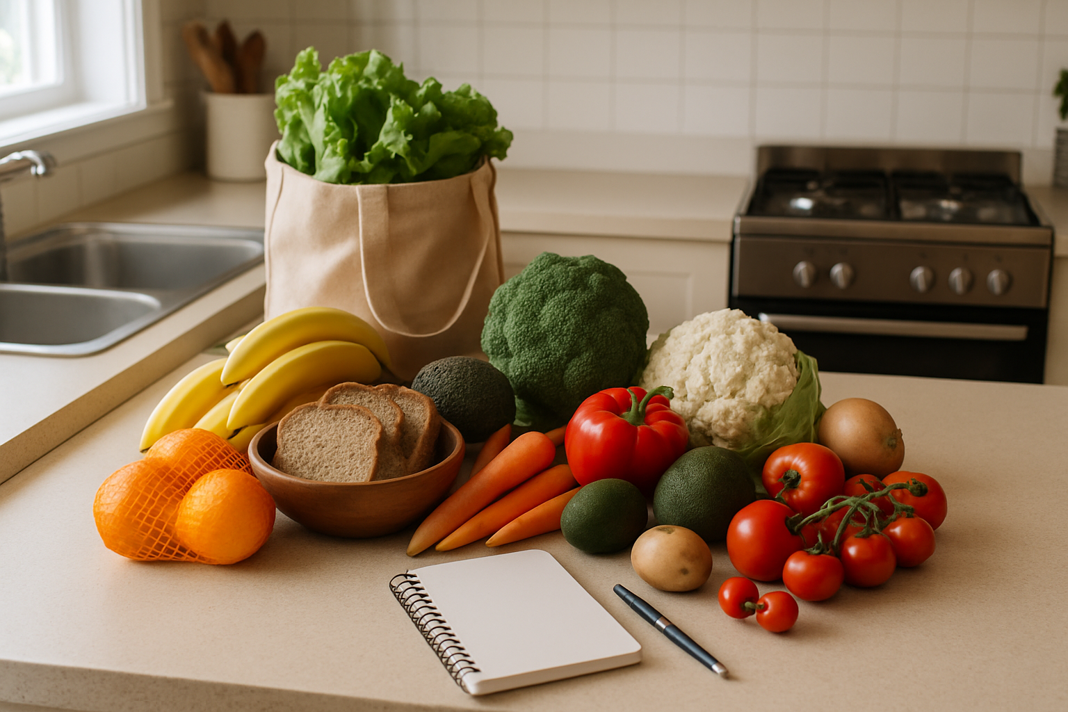 Fresh groceries on a kitchen bench with a notepad for a nutrition plan