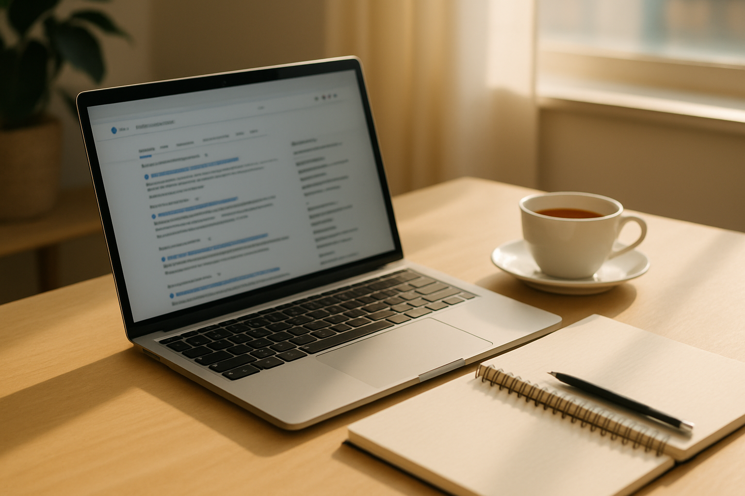 Workspace showing a laptop and notebook used to draft SEO meta descriptions for a health blog