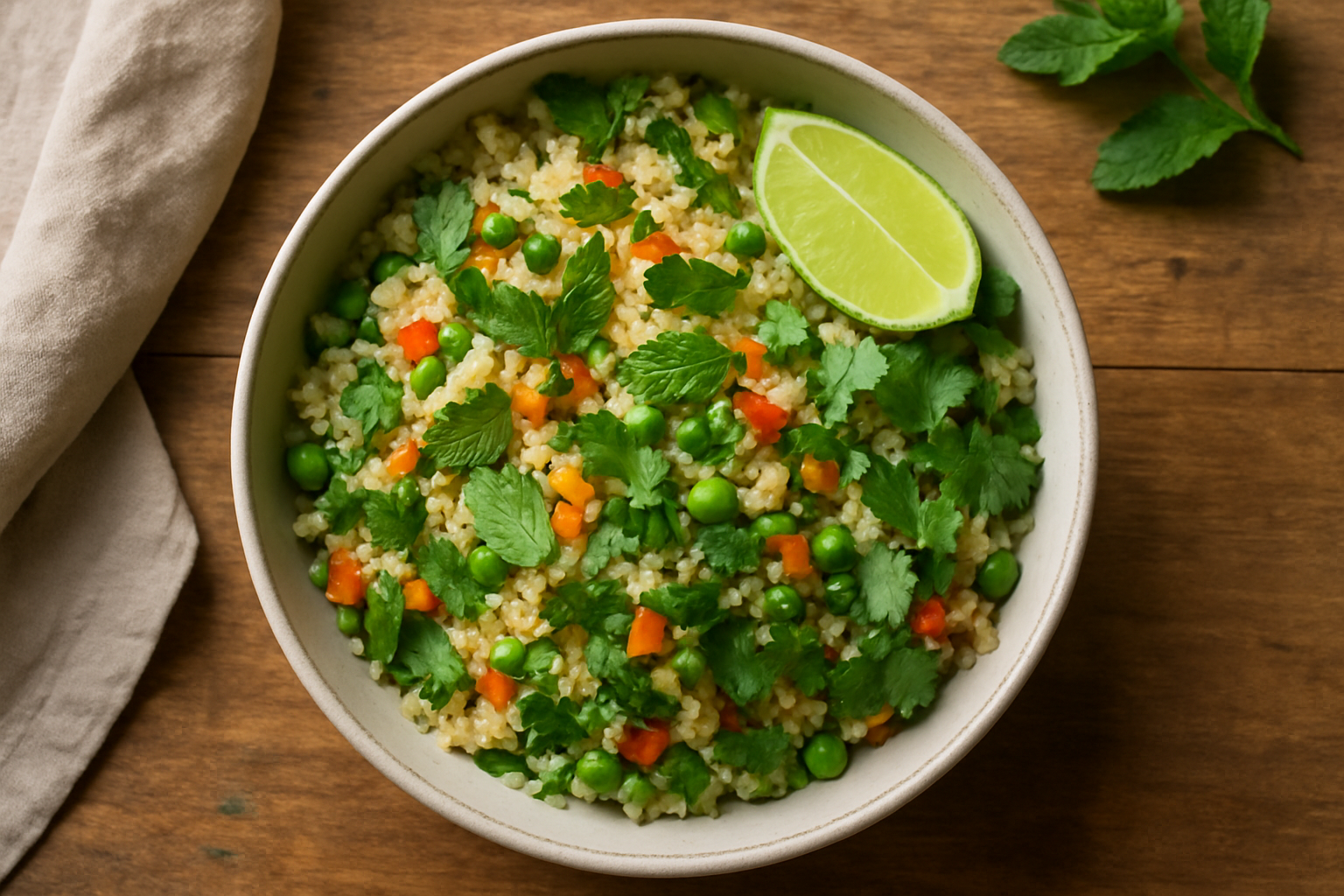 Bowl of minty cauliflower fried rice with fresh herbs and vegetables