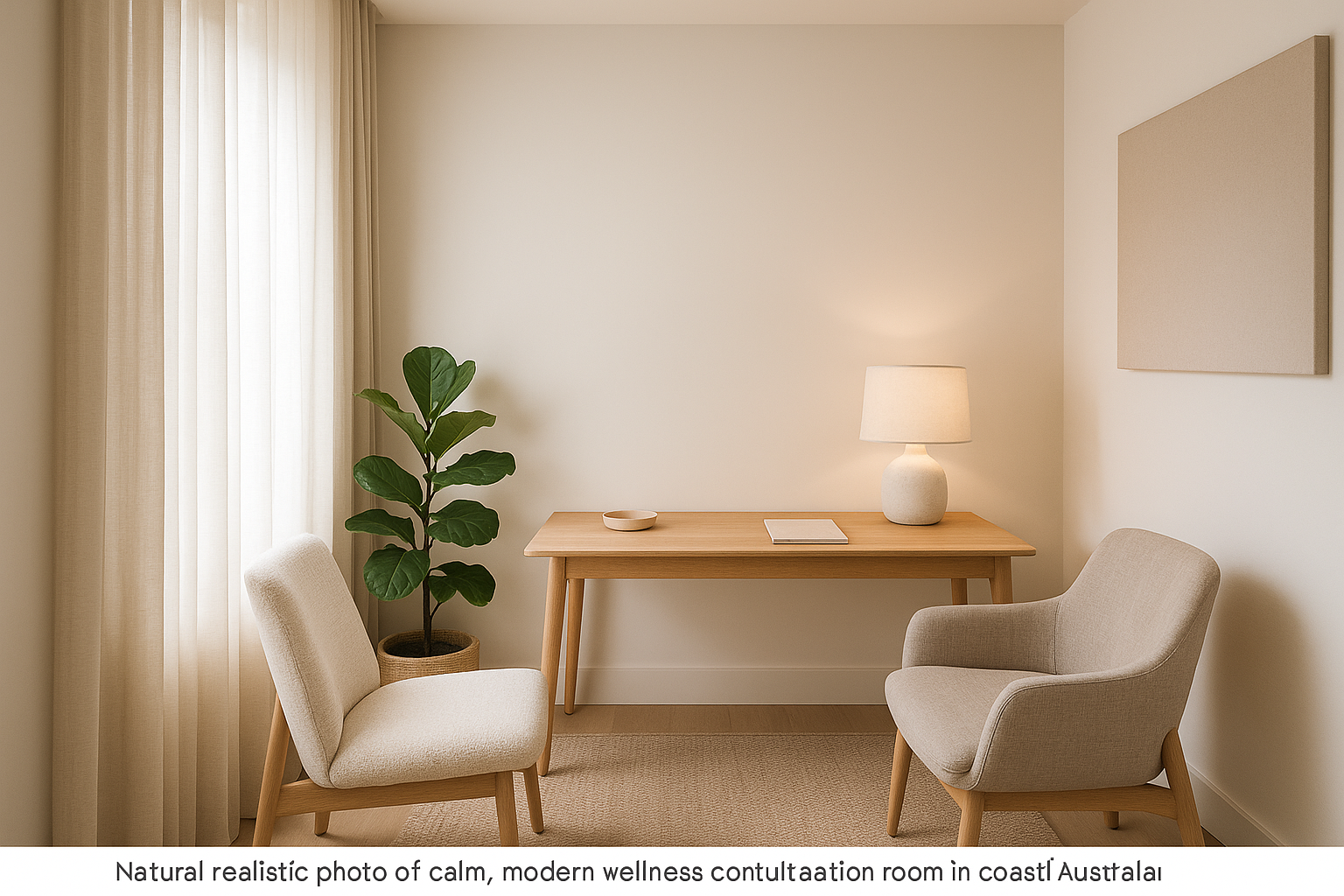 Calm coastal-style consultation room layout with warm lighting and natural textures