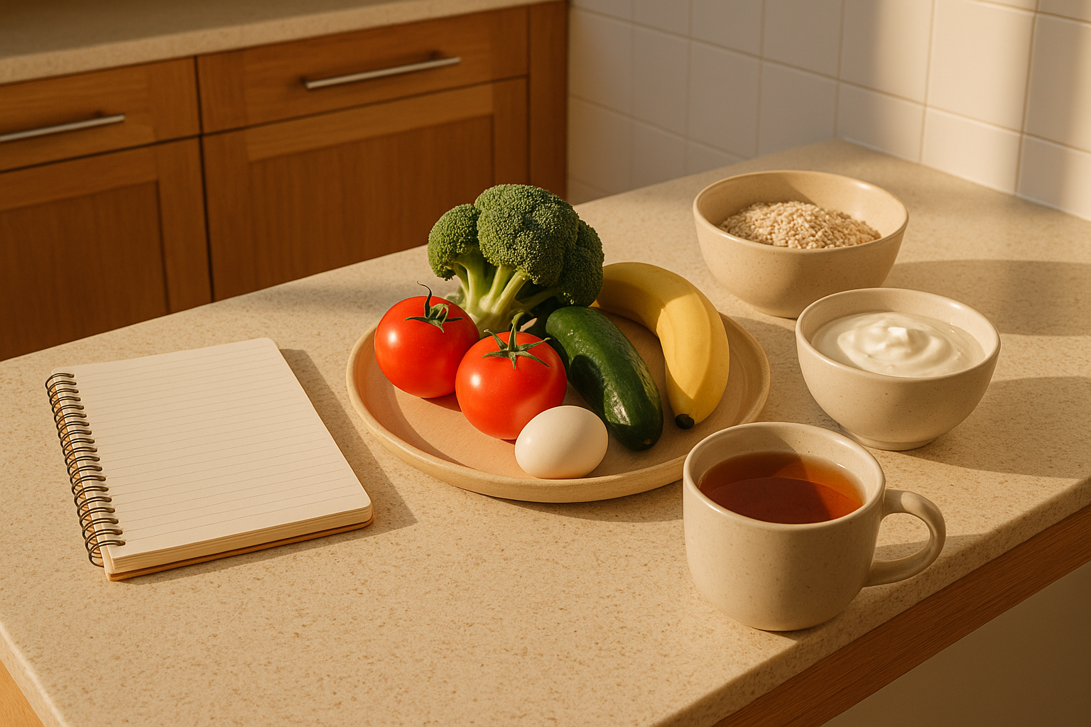 Meal planning set-up in a bright Australian kitchen with whole foods and a notepad
