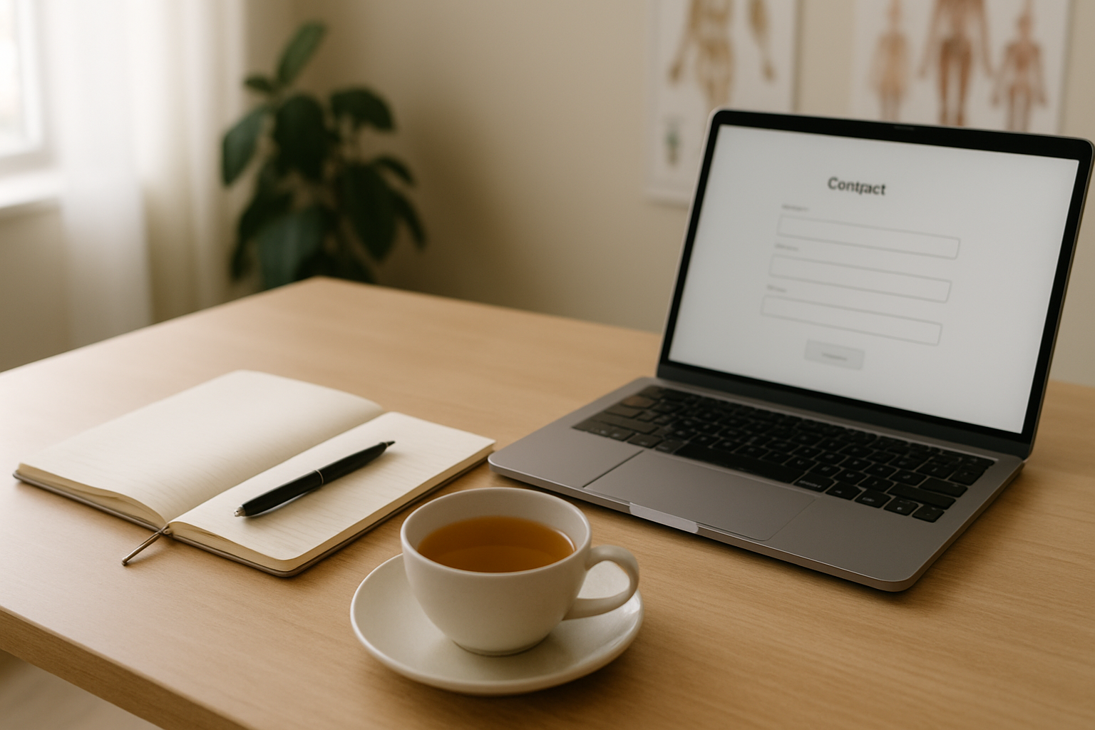 A clean desk with a laptop and notebook representing contacting a naturopath and nutritionist