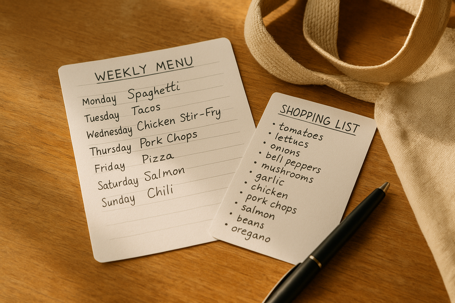 Weekly meal plan and shopping list on a table