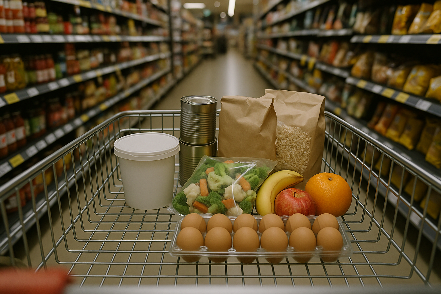 A supermarket trolley with whole food staples for healthy eating
