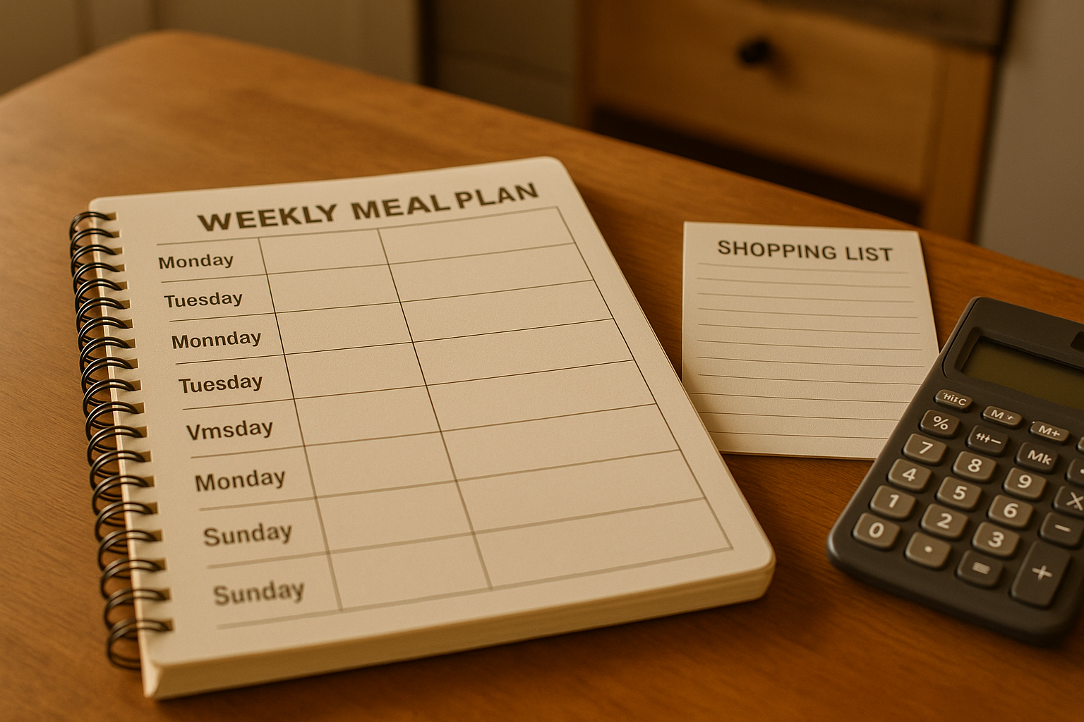 Meal planning and budgeting tools on a kitchen table