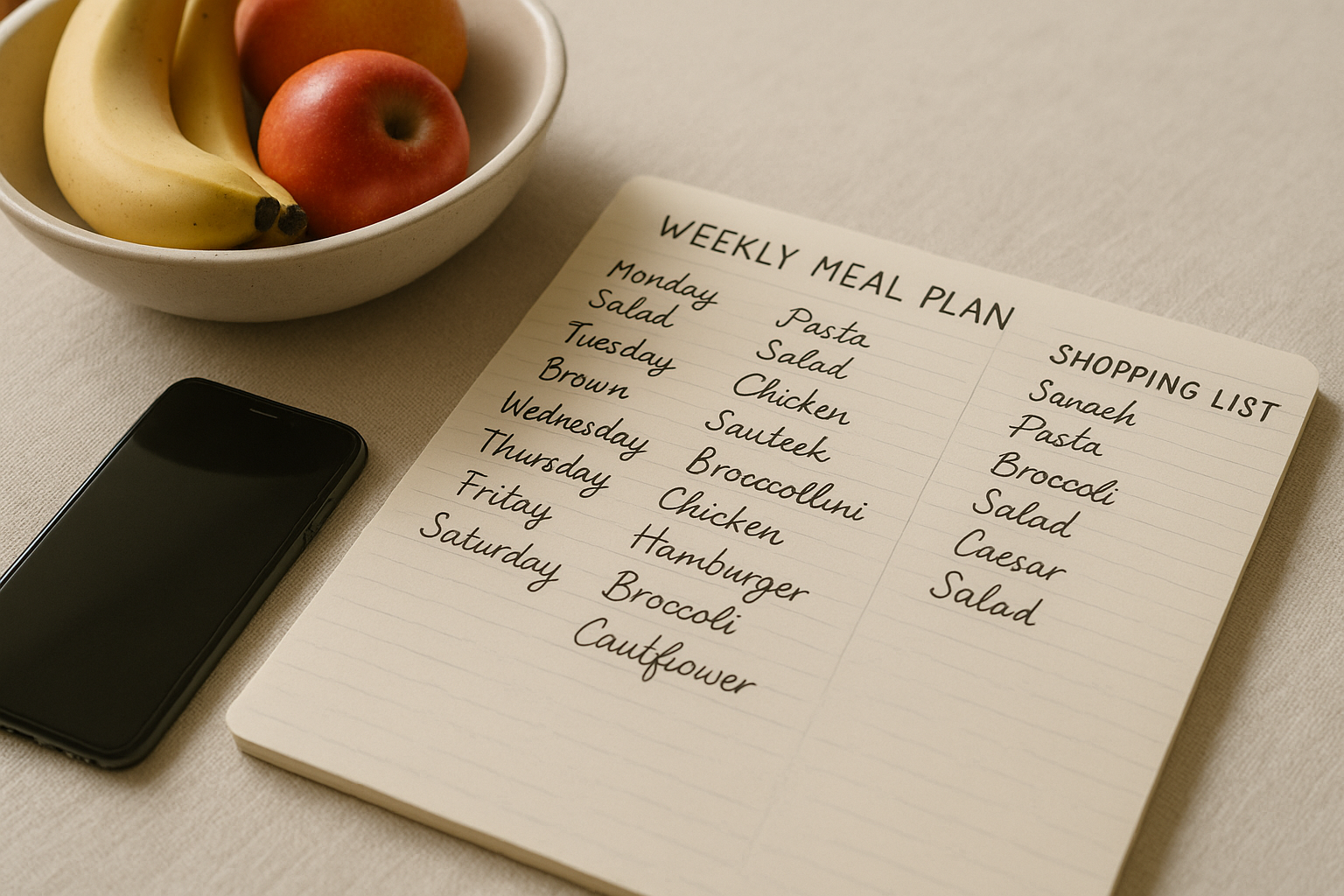 Weekly meal plan and shopping list on a kitchen table