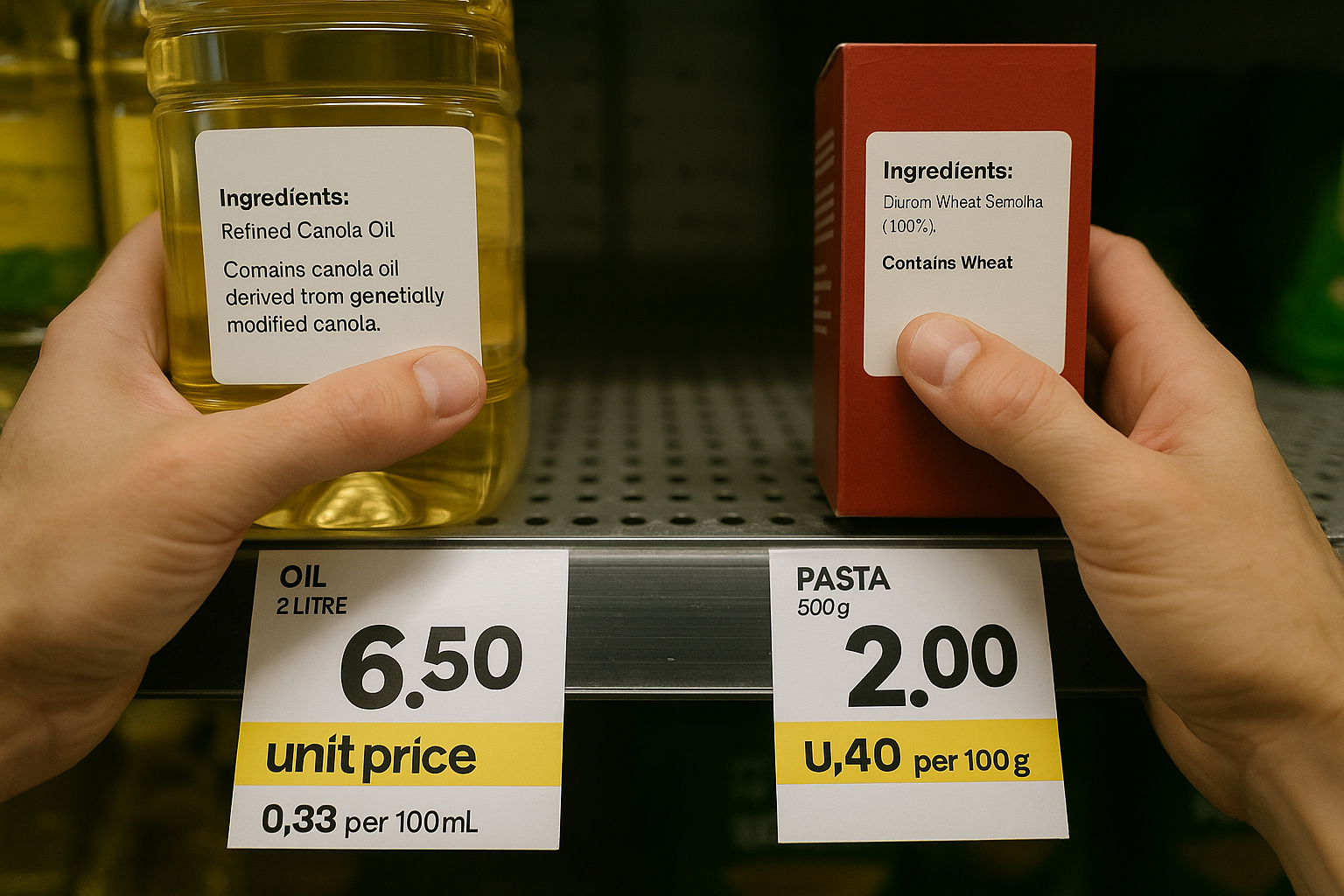 Comparing unit pricing and ingredients during supermarket shopping