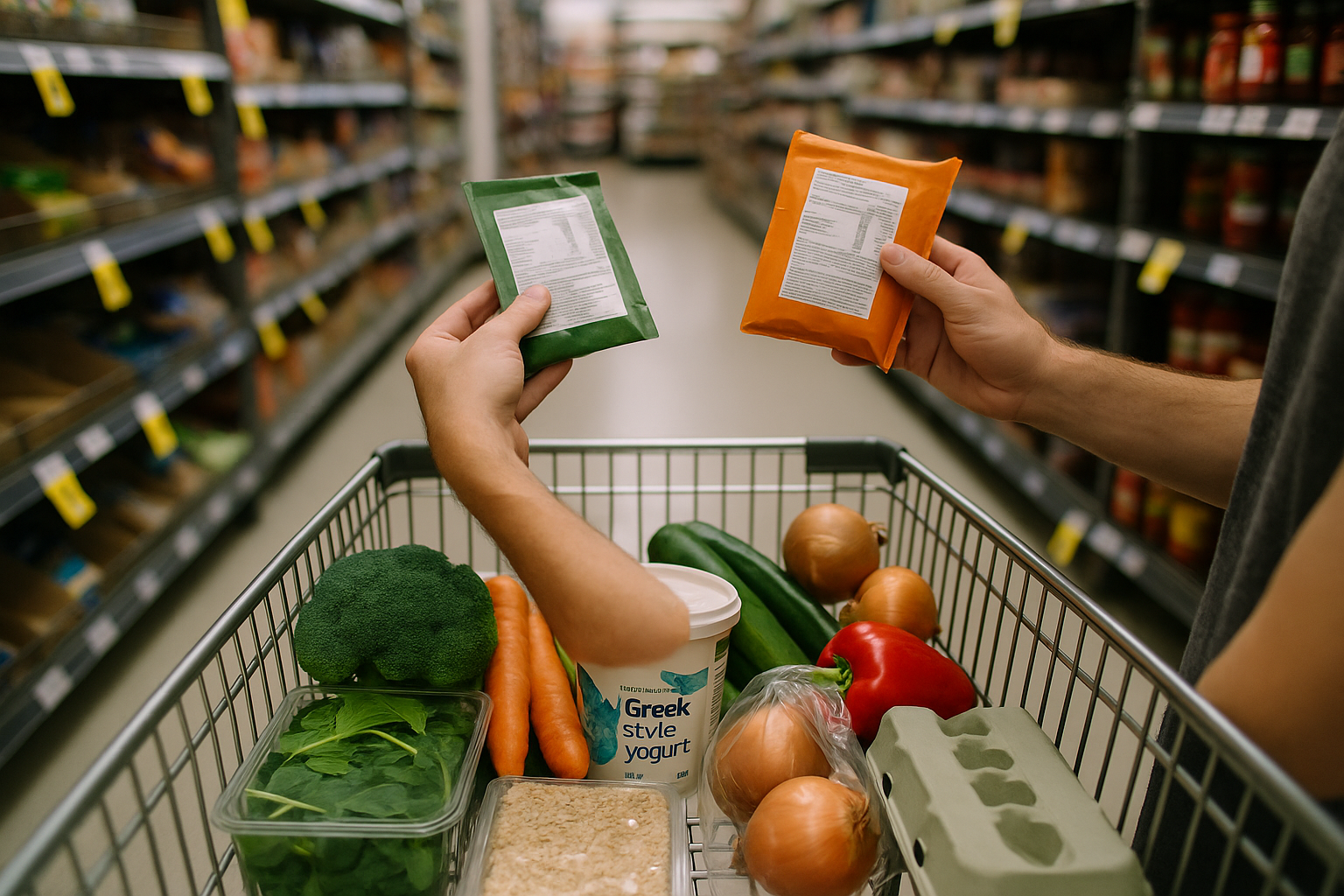Comparing two packaged foods in a supermarket aisle to choose the better option