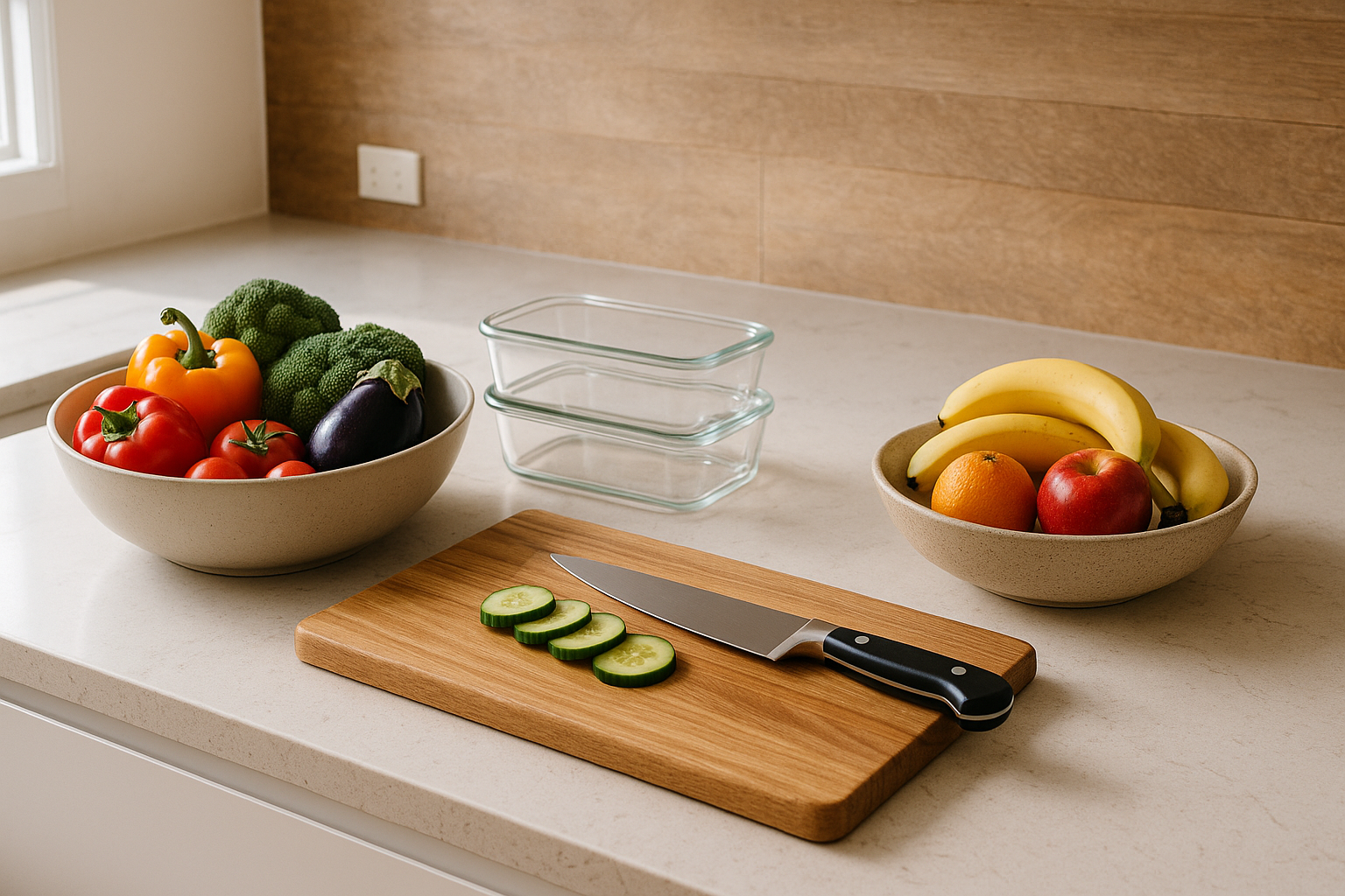 Kitchen bench set up for simple healthy meal prep with vegetables and containers