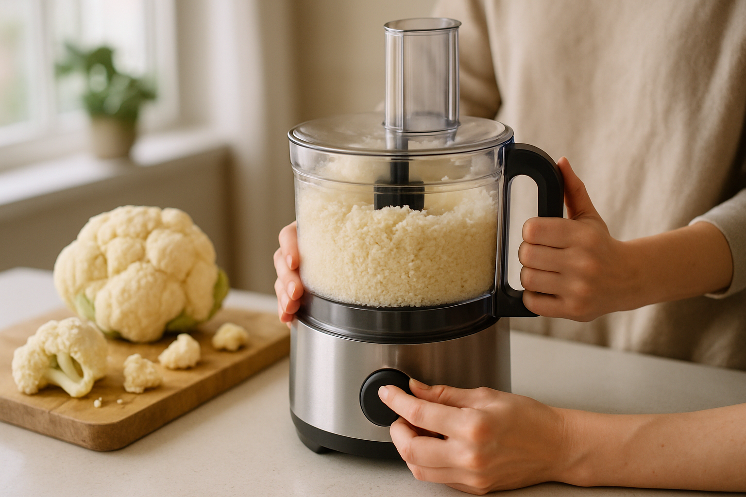 Cauliflower being pulsed into rice in a food processor