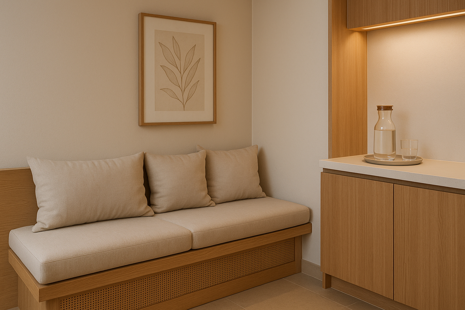 Minimal waiting area design with water station and comfortable seating