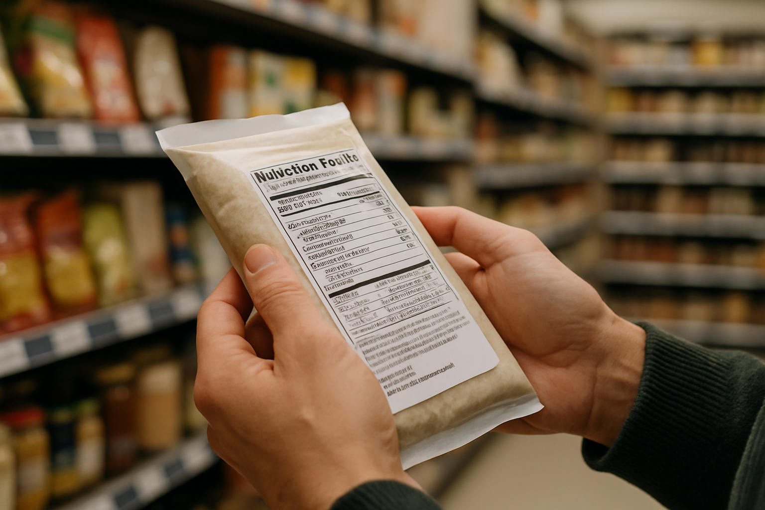 Reading a nutrition label in a supermarket aisle