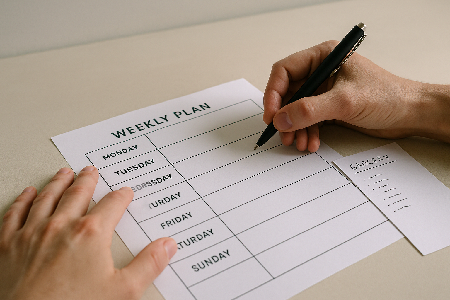 Hands organising a weekly meal plan and grocery list
