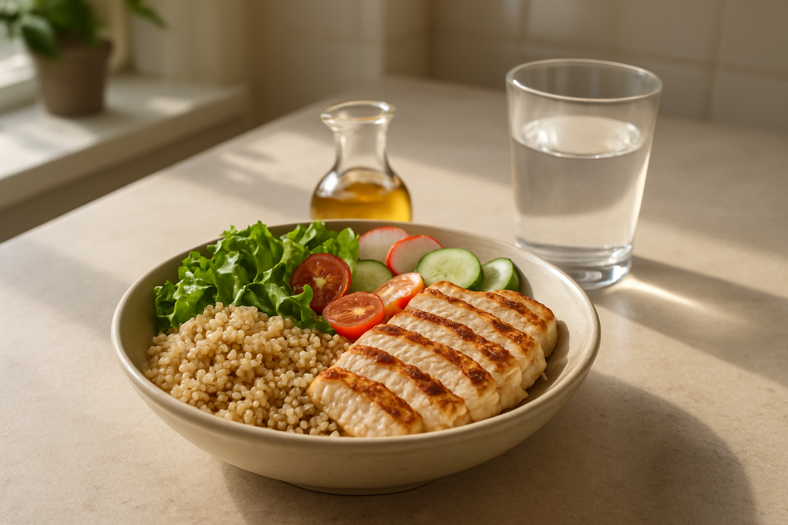 Balanced lunch bowl with protein, fibre and healthy fats