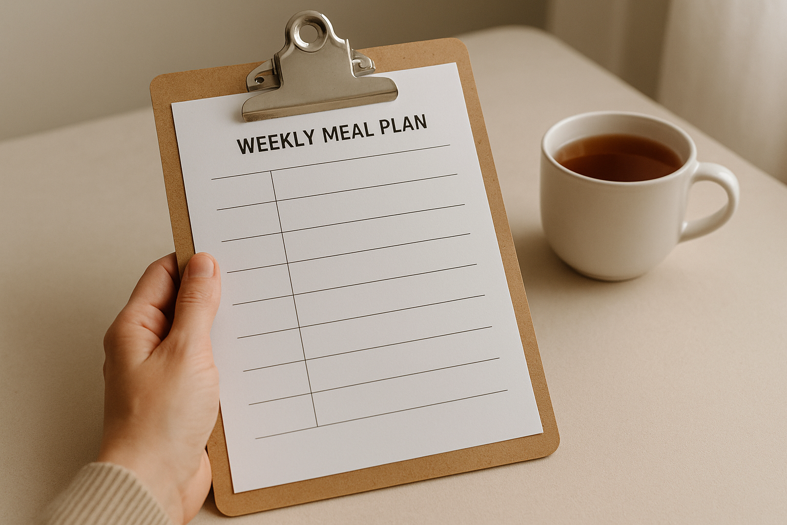 A blank weekly meal plan template ready to fill in
