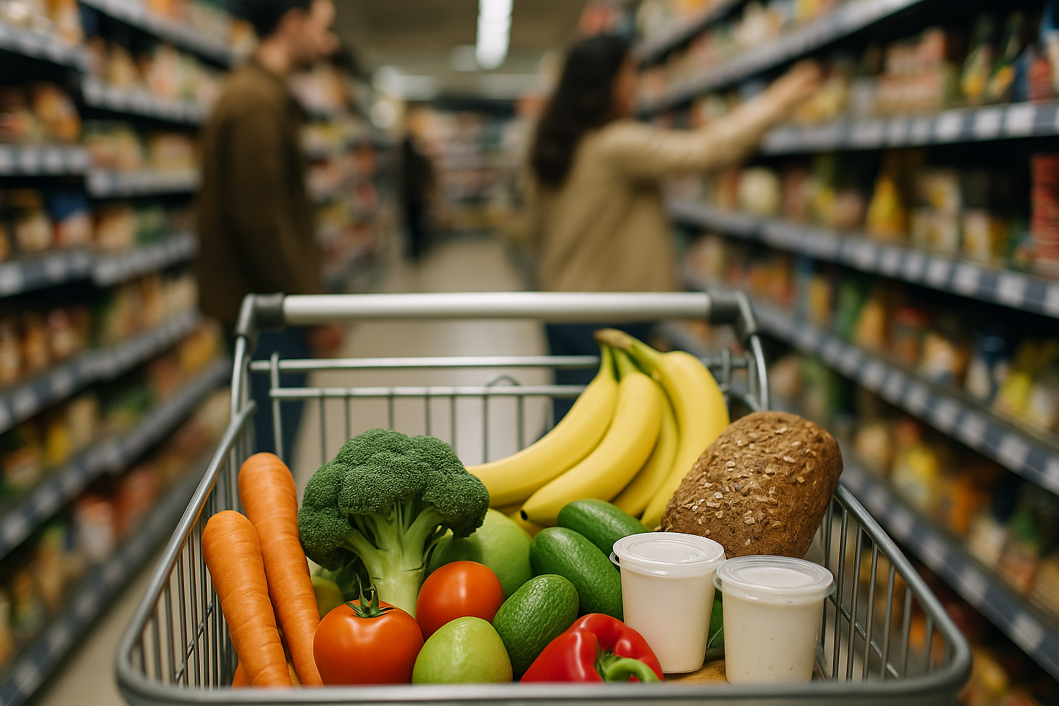 Shopping trolley with whole foods for a balanced weekly shop