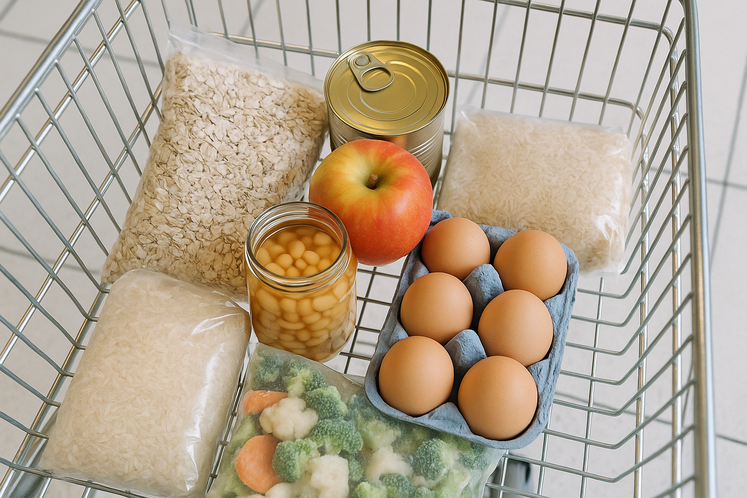 Budget-friendly healthy supermarket staples in a trolley