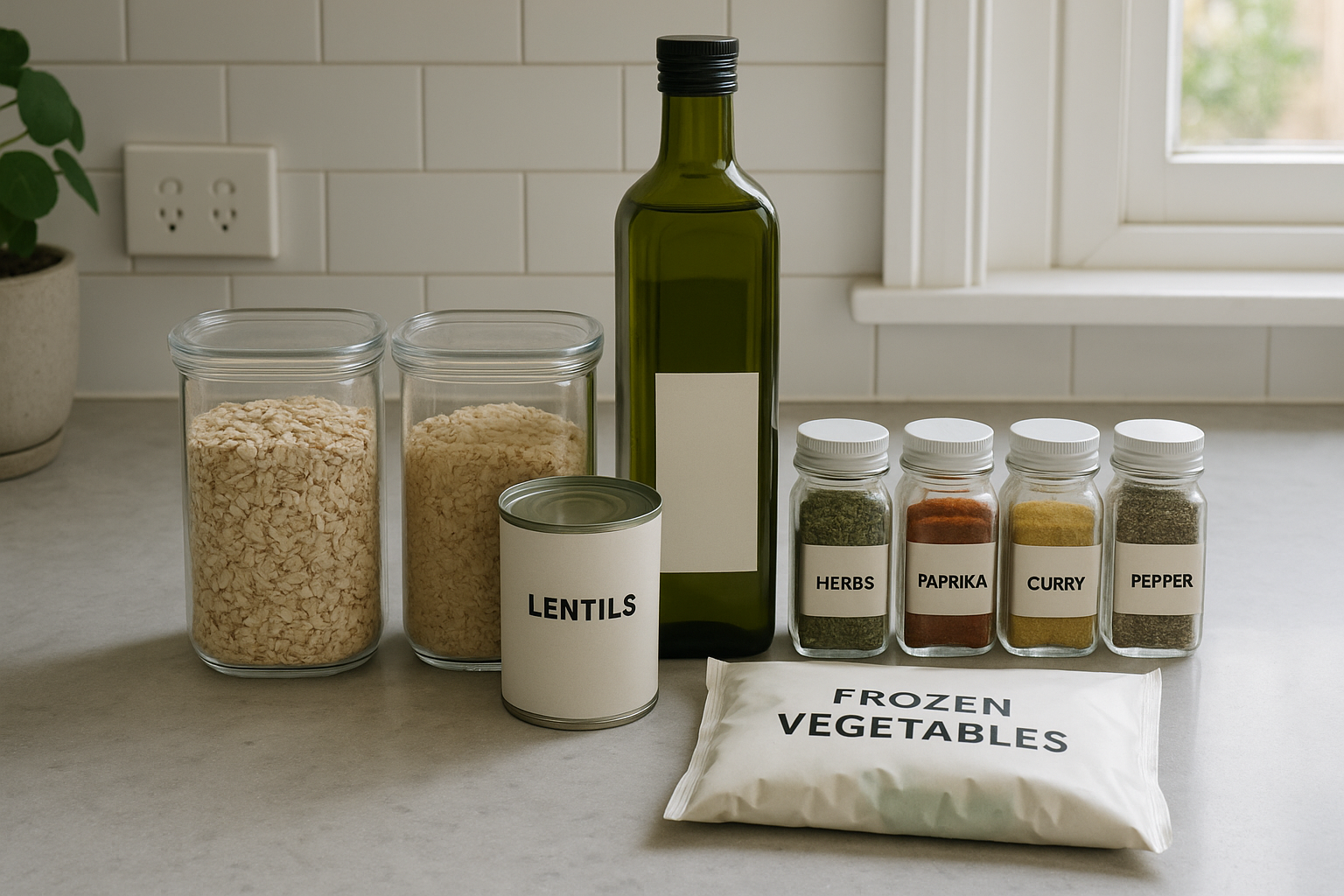 Healthy pantry staples laid out on a kitchen bench