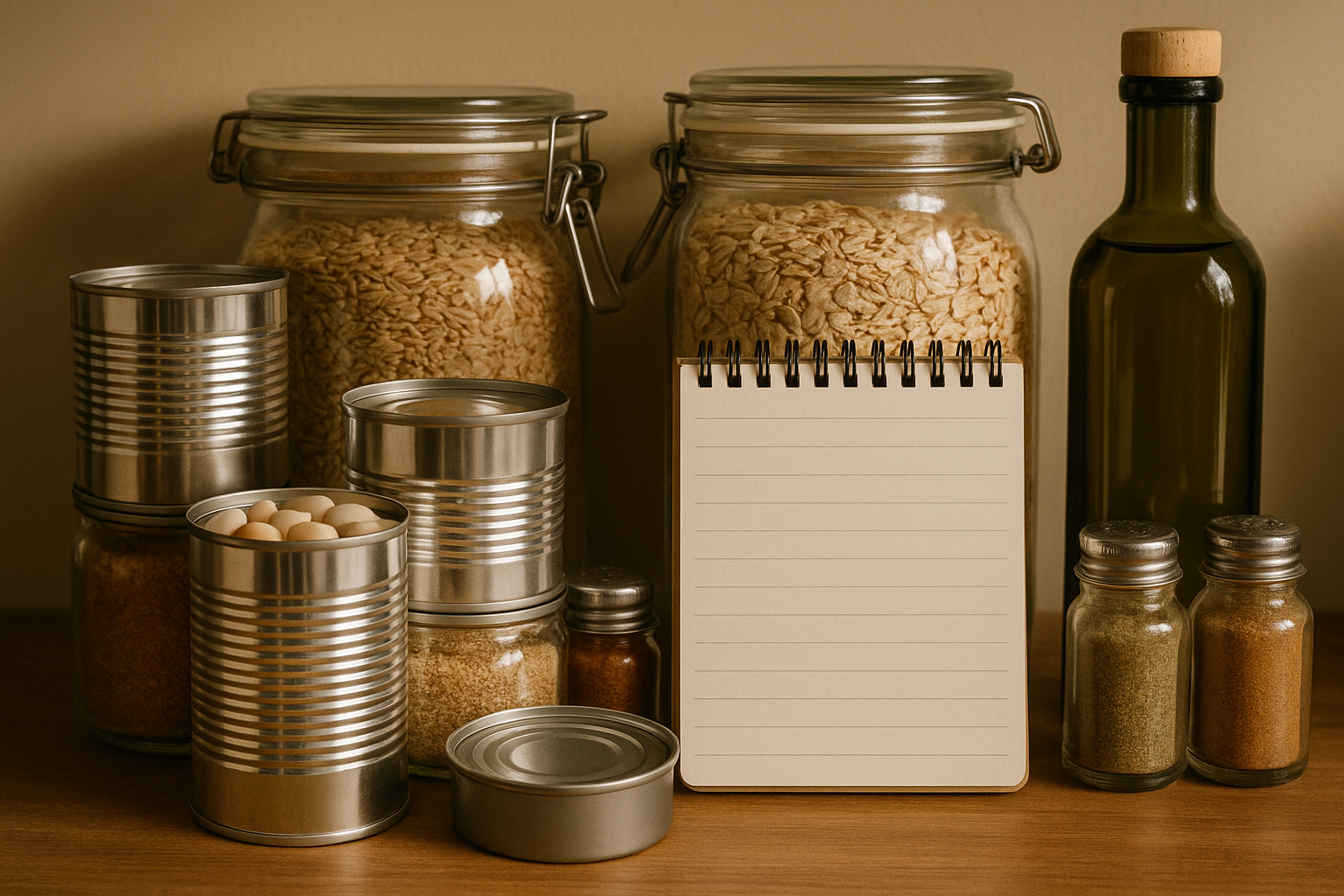 Pantry staples laid out to help plan meals before supermarket shopping