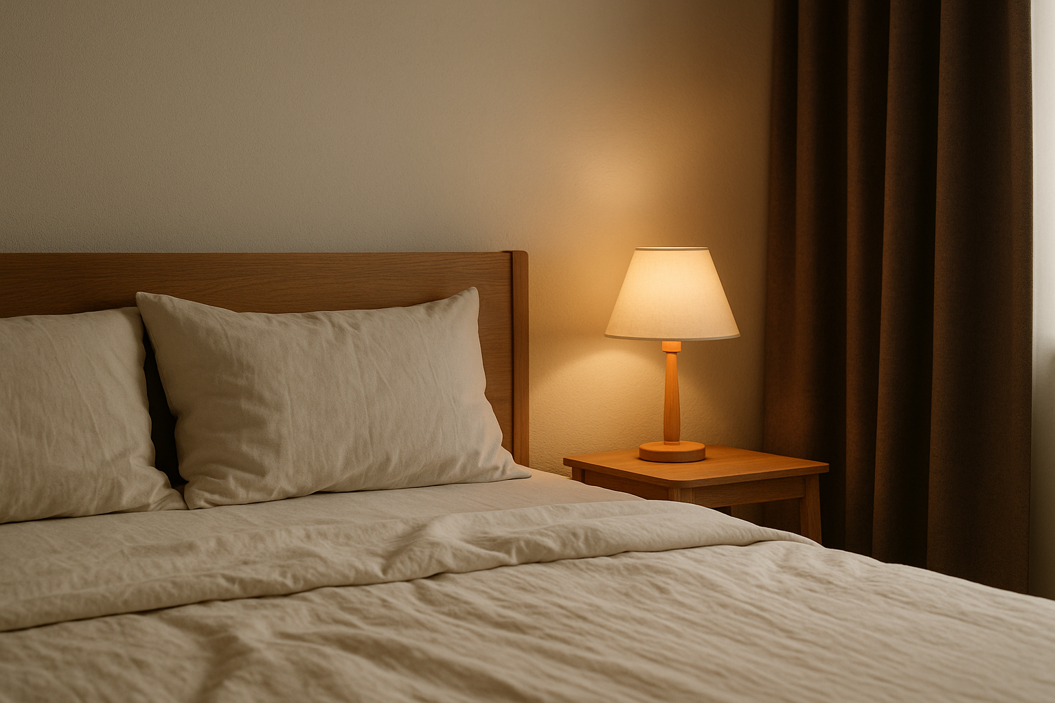 Sleep-supportive bedroom with warm lighting and minimal clutter