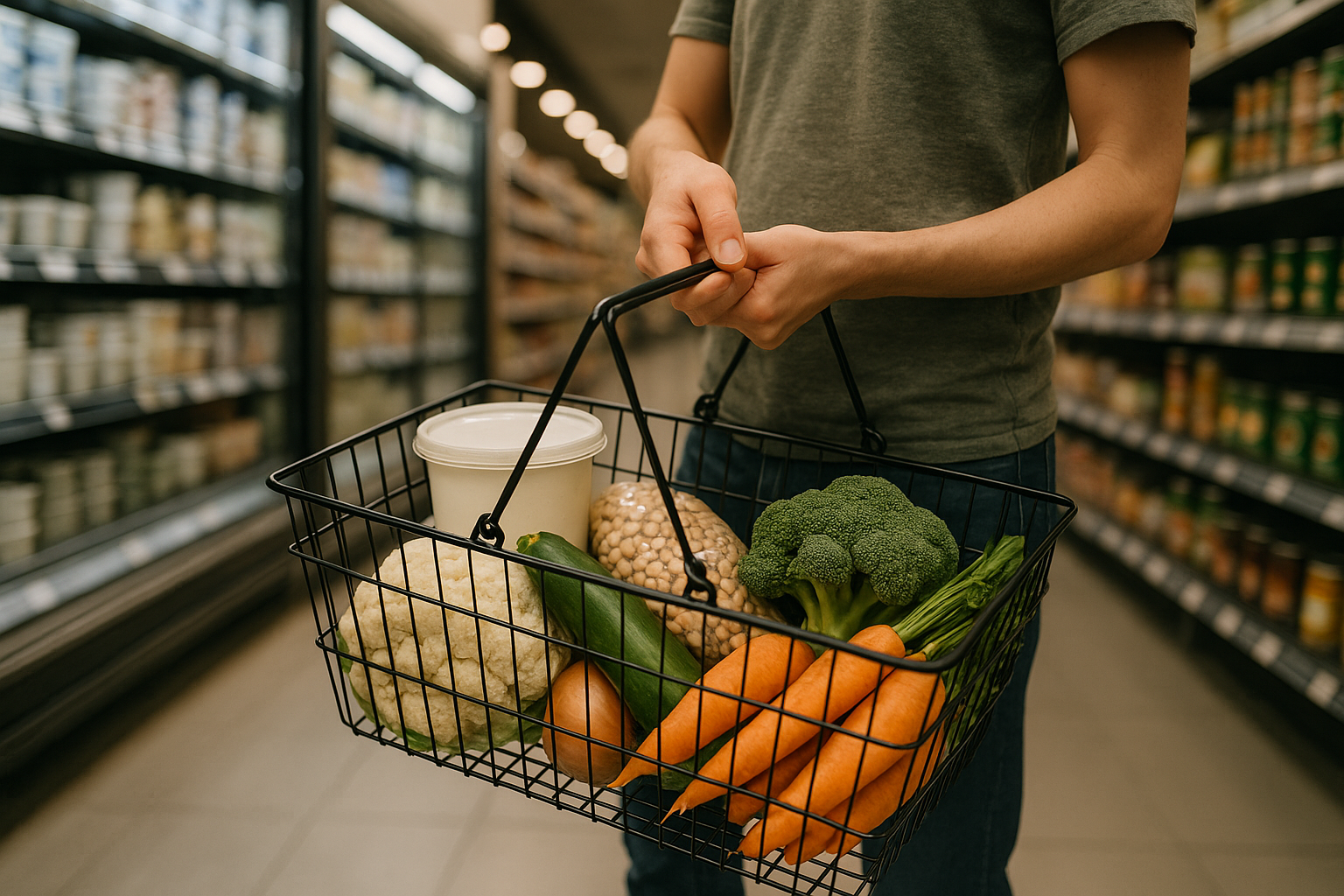 Grocery basket with whole foods in a supermarket aisle