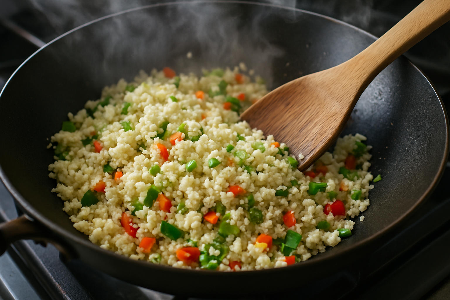 Cauliflower rice stir-frying in a hot wok with vegetables