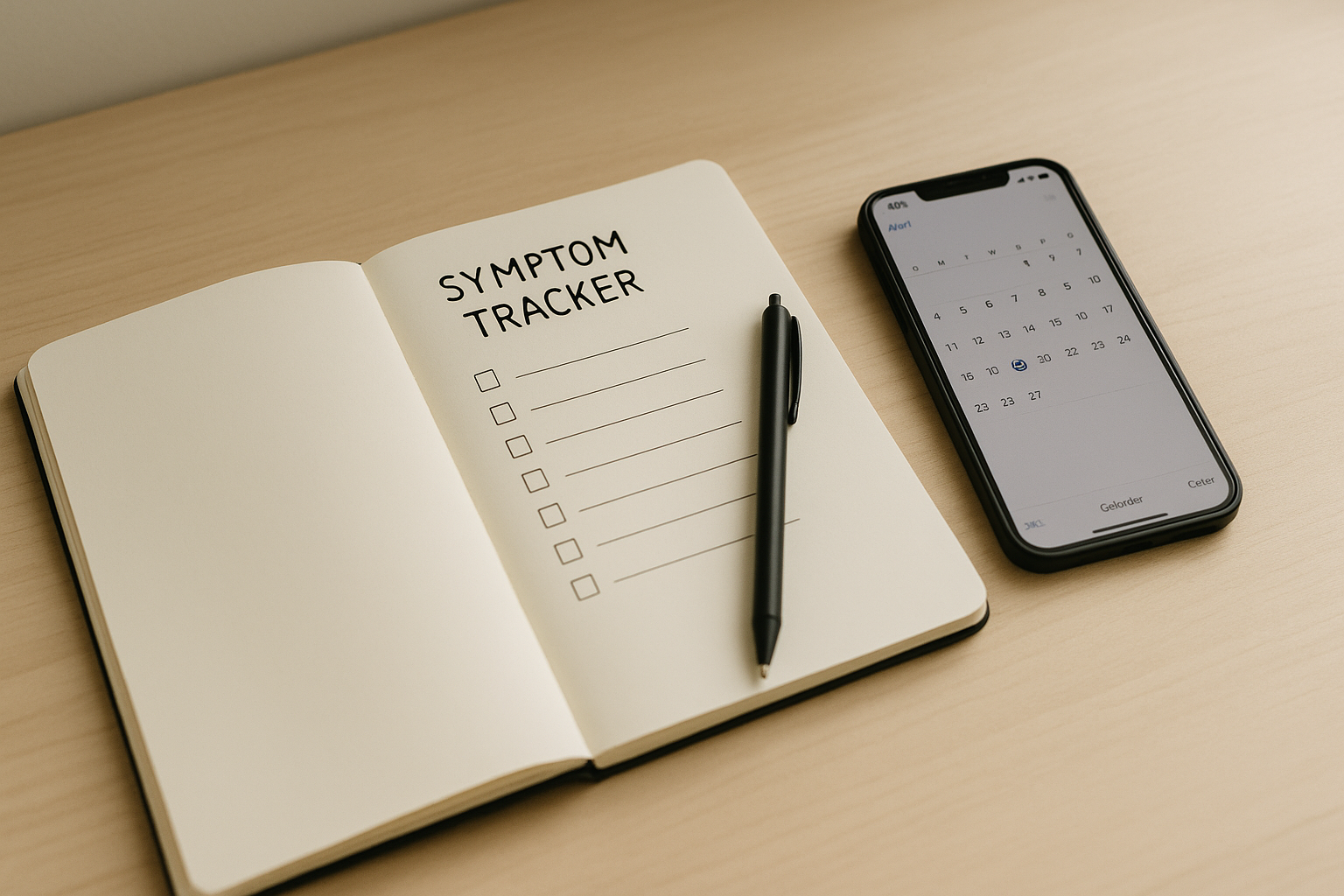Notebook and pen set up for tracking symptoms and routines