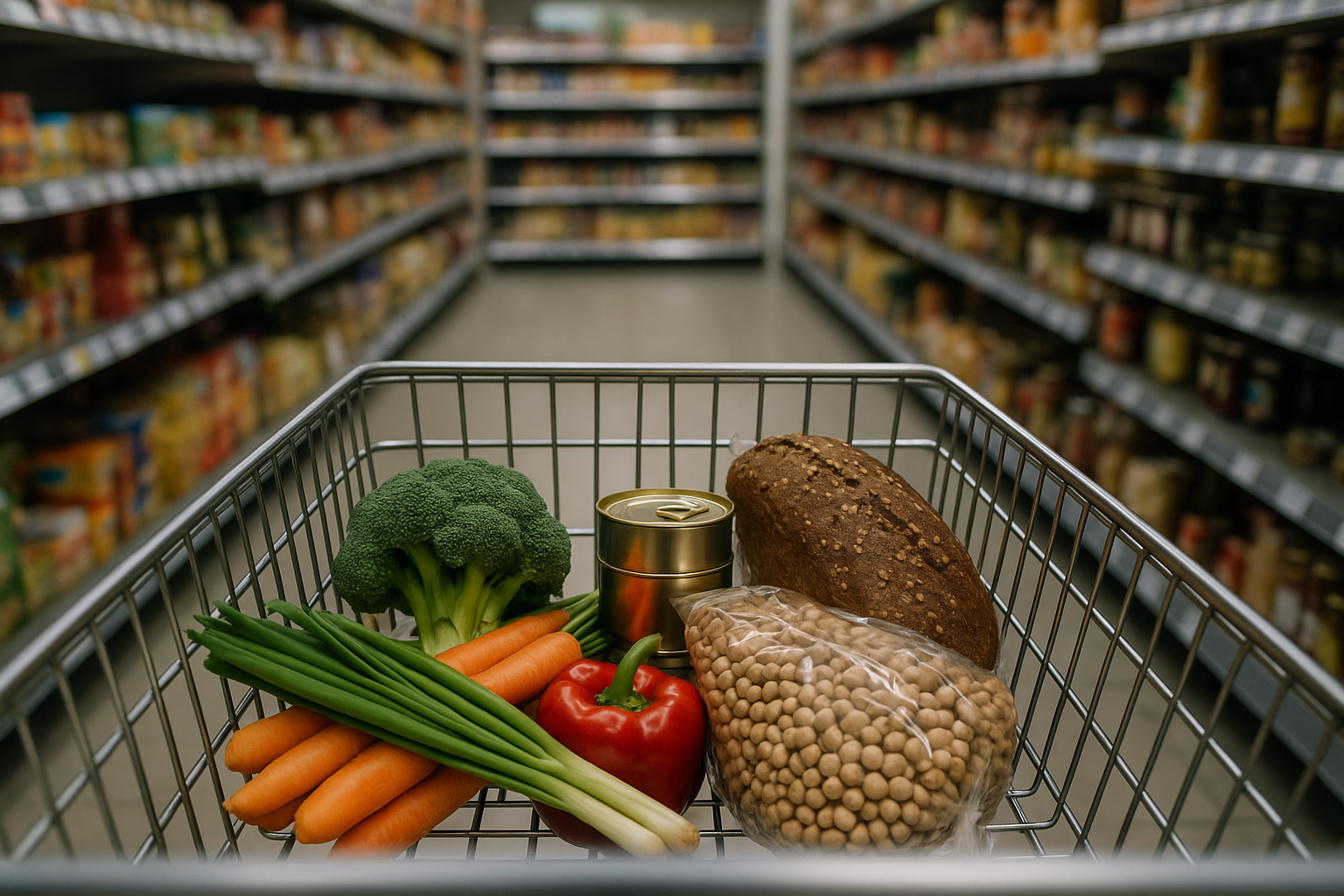 Supermarket trolley with practical staple foods for healthier shopping choices