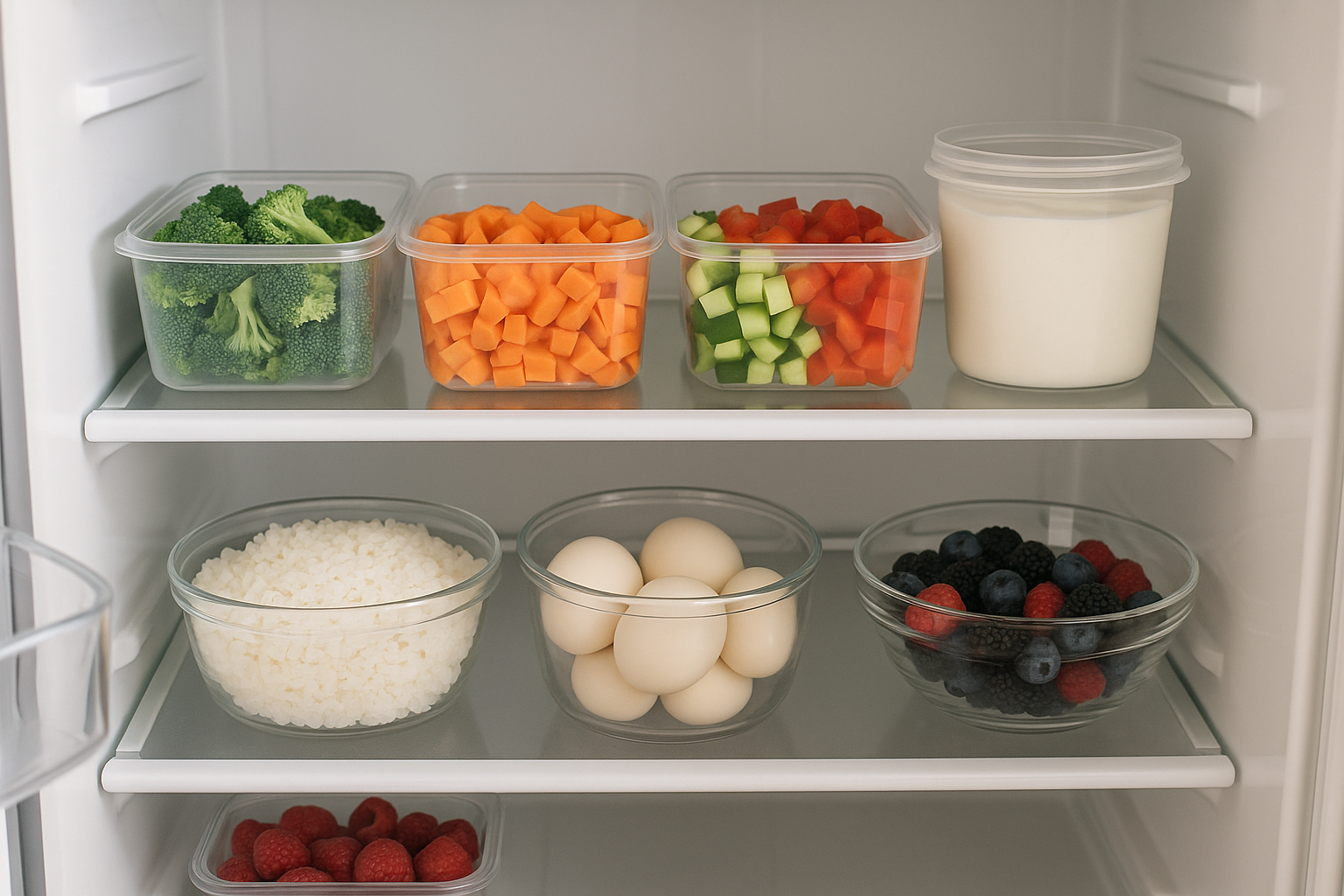 Meal prep components in a fridge to make weeknight dinners easier