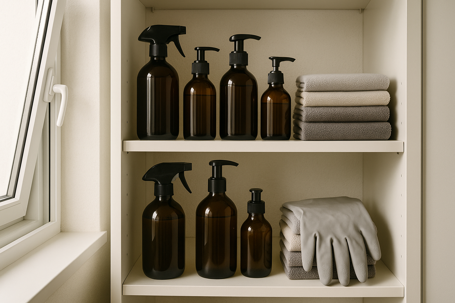 Low-tox cleaning setup with fragrance-free products stored neatly