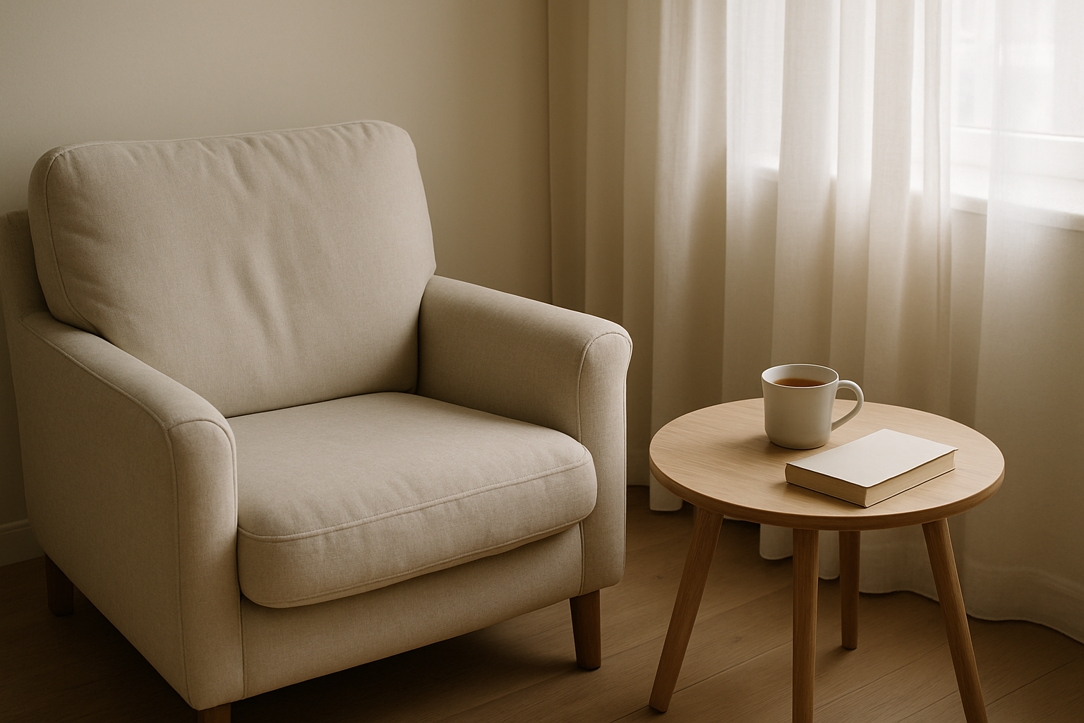 Calm living room setting representing stress and anxiety support