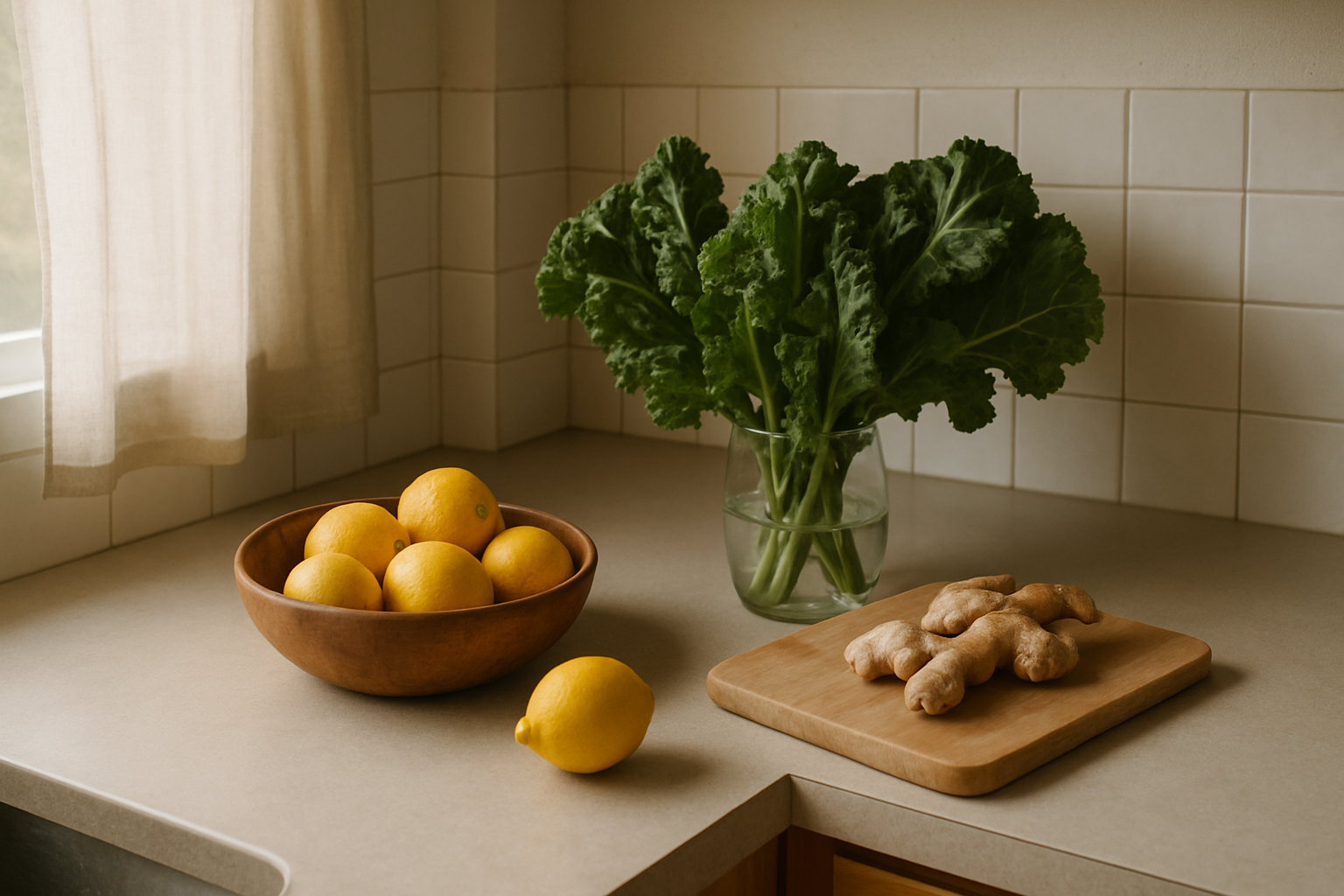 Whole foods in a kitchen, supporting practical nutrition content alongside detox education