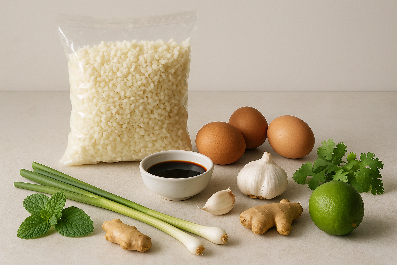 Ingredients for minty cauliflower fried rice laid out on a bench