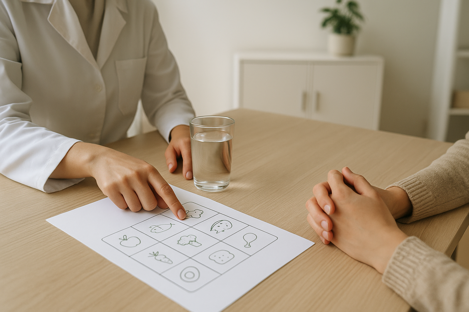 A practitioner reviewing a food plan with a client at a table