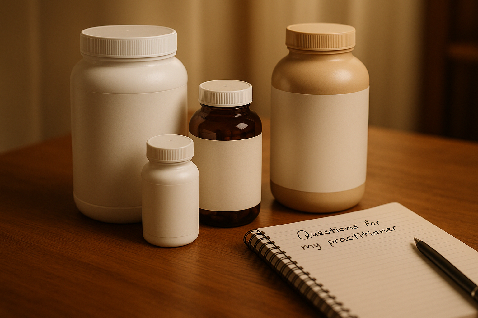 Notebook and unbranded supplement containers ready for a practitioner review