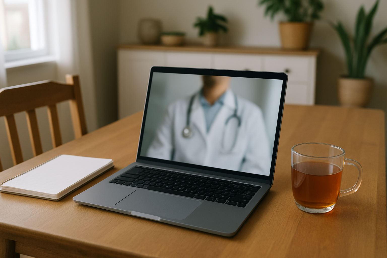 Telehealth appointment setup at home with laptop and notes