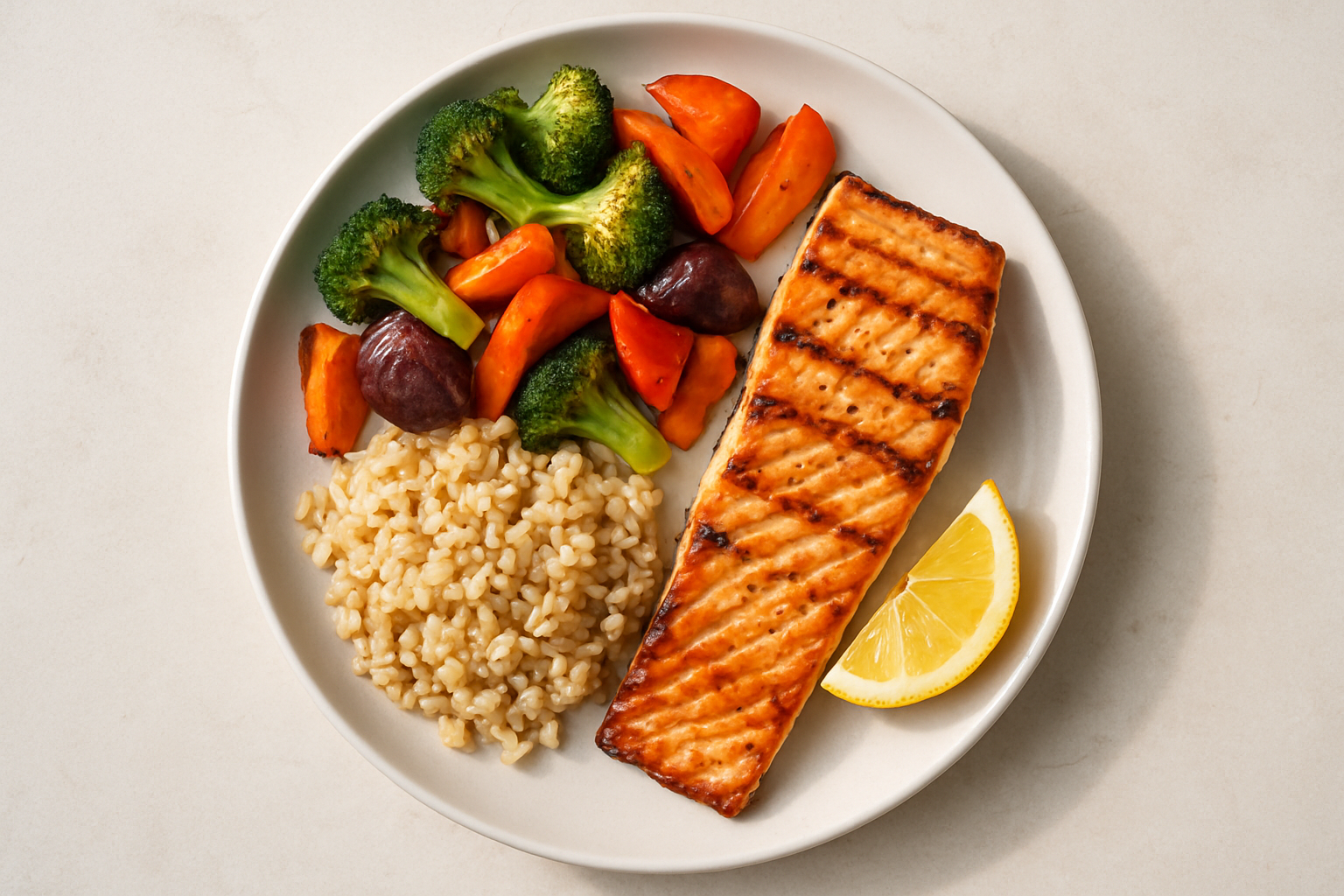 A balanced meal example with protein, vegetables and fibre-rich carbohydrates